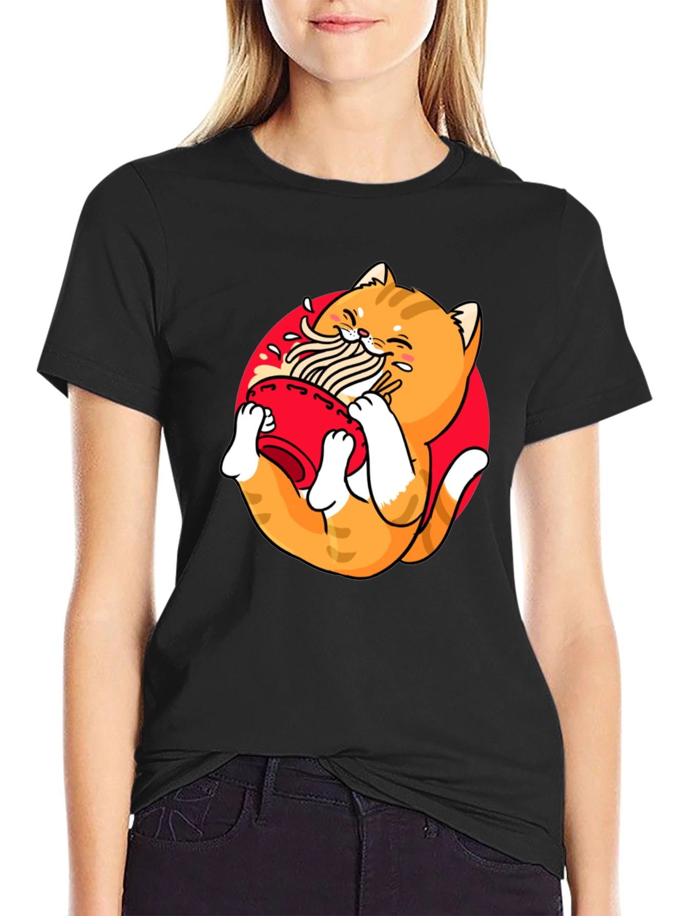 Ramen Cat Graphic Tee - Unique Black T-Shirt