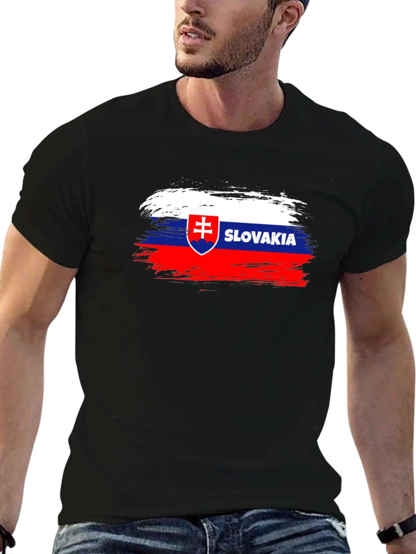 Slovakia Flag Brushstroke T-Shirt - Black Cotton Tee