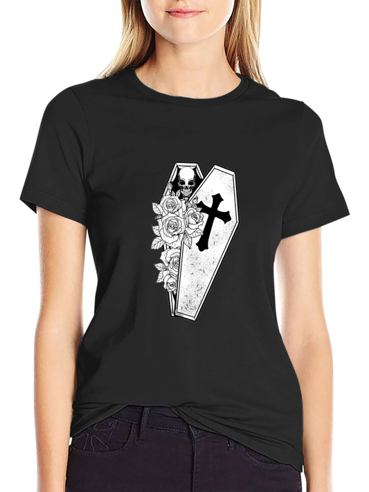 Gothic Skull Coffin Rose T-Shirt