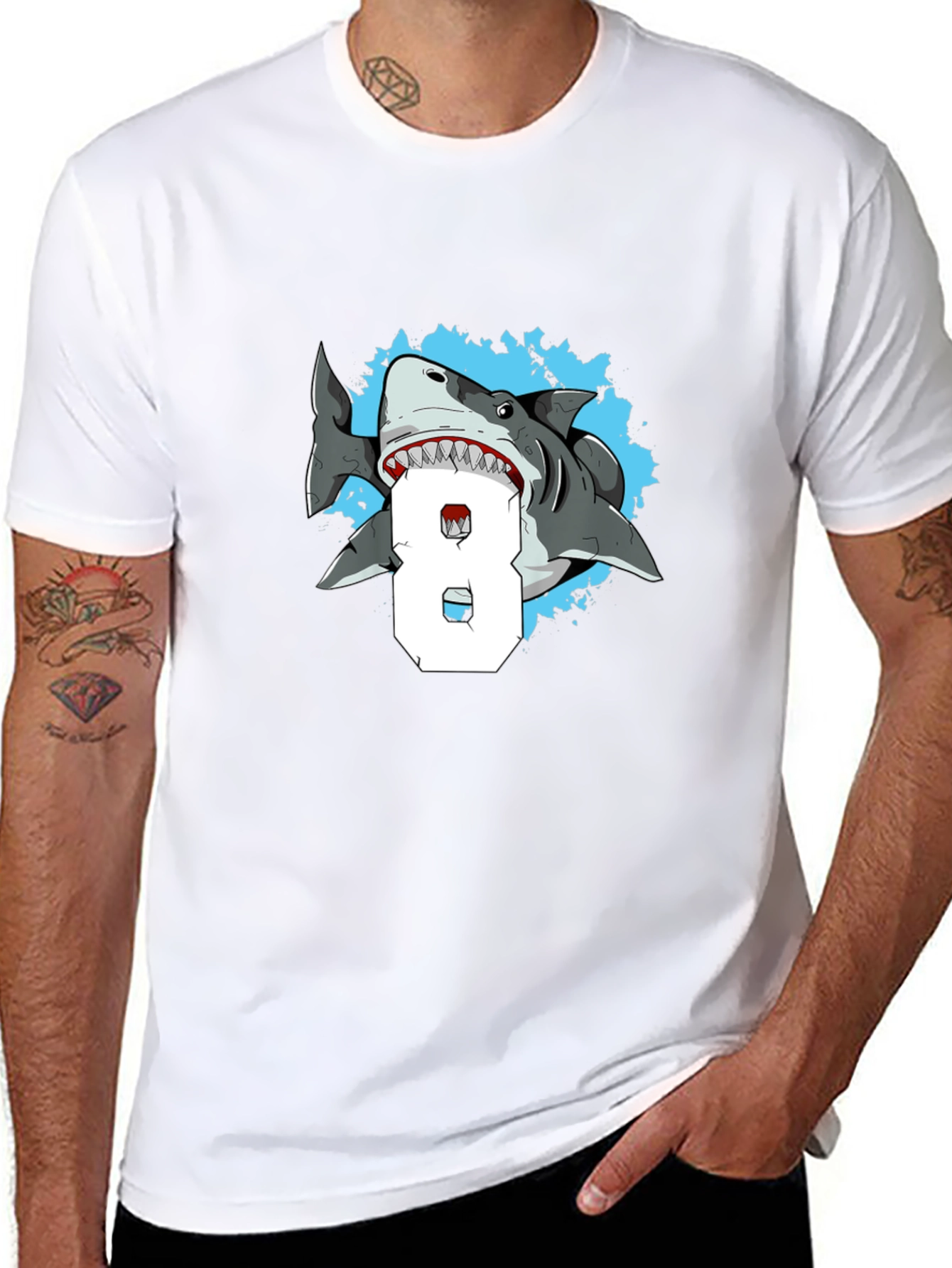 Shark Attack Number 8 T-Shirt - Mens Black Tee