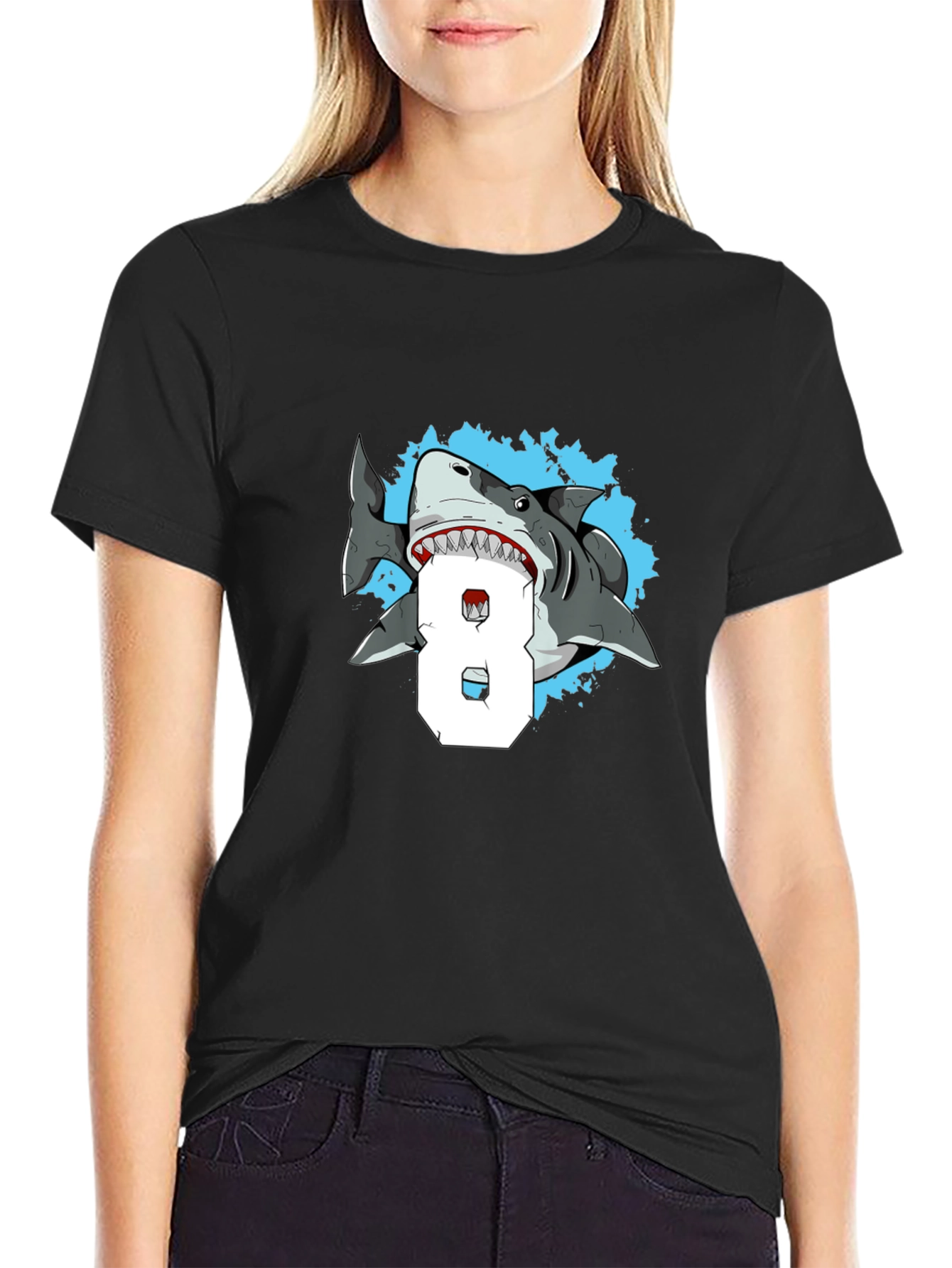 Shark Attack Number 8 T-Shirt - Mens Black Tee