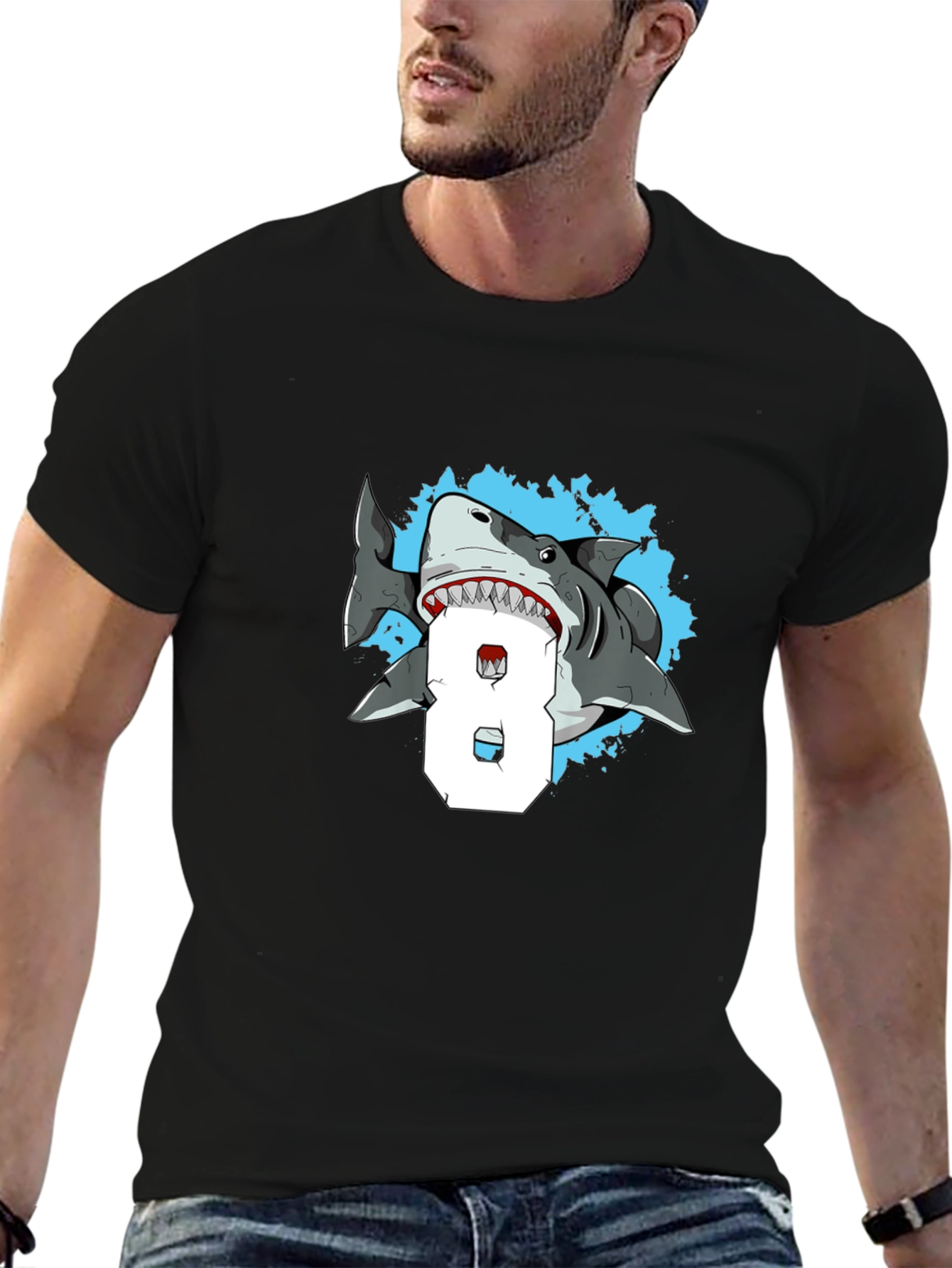 Shark Attack Number 8 T-Shirt - Mens Black Tee