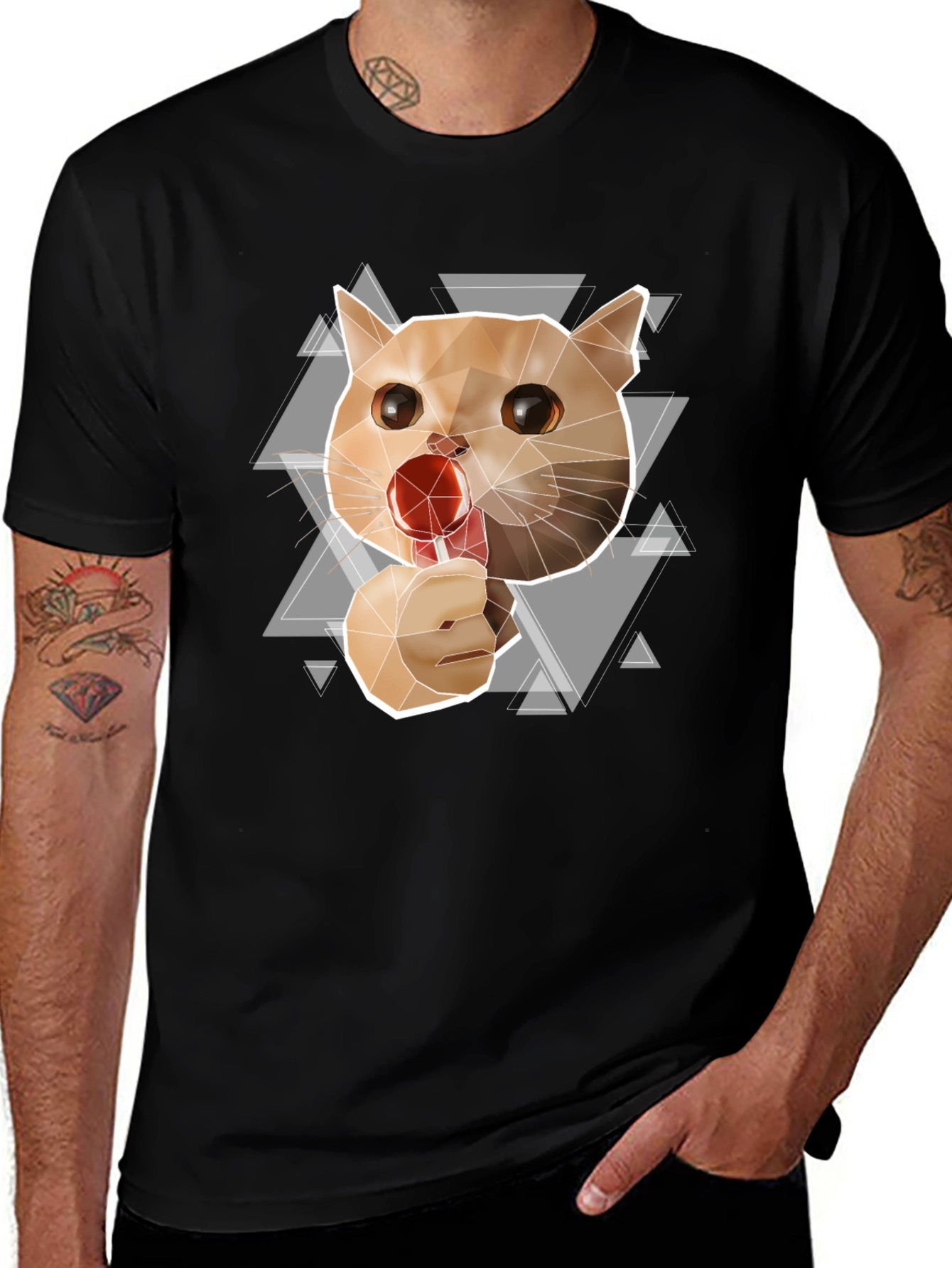 Geometric Cat Lollipop Graphic Tee - Black Cotton Blend