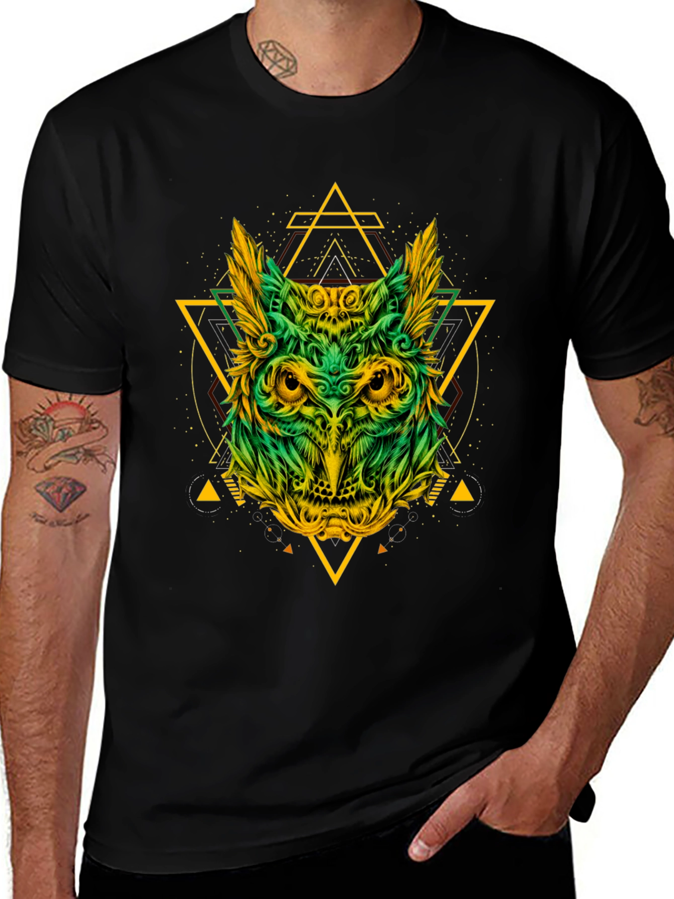 Geometric Owl Graphic Print Black T-Shirt