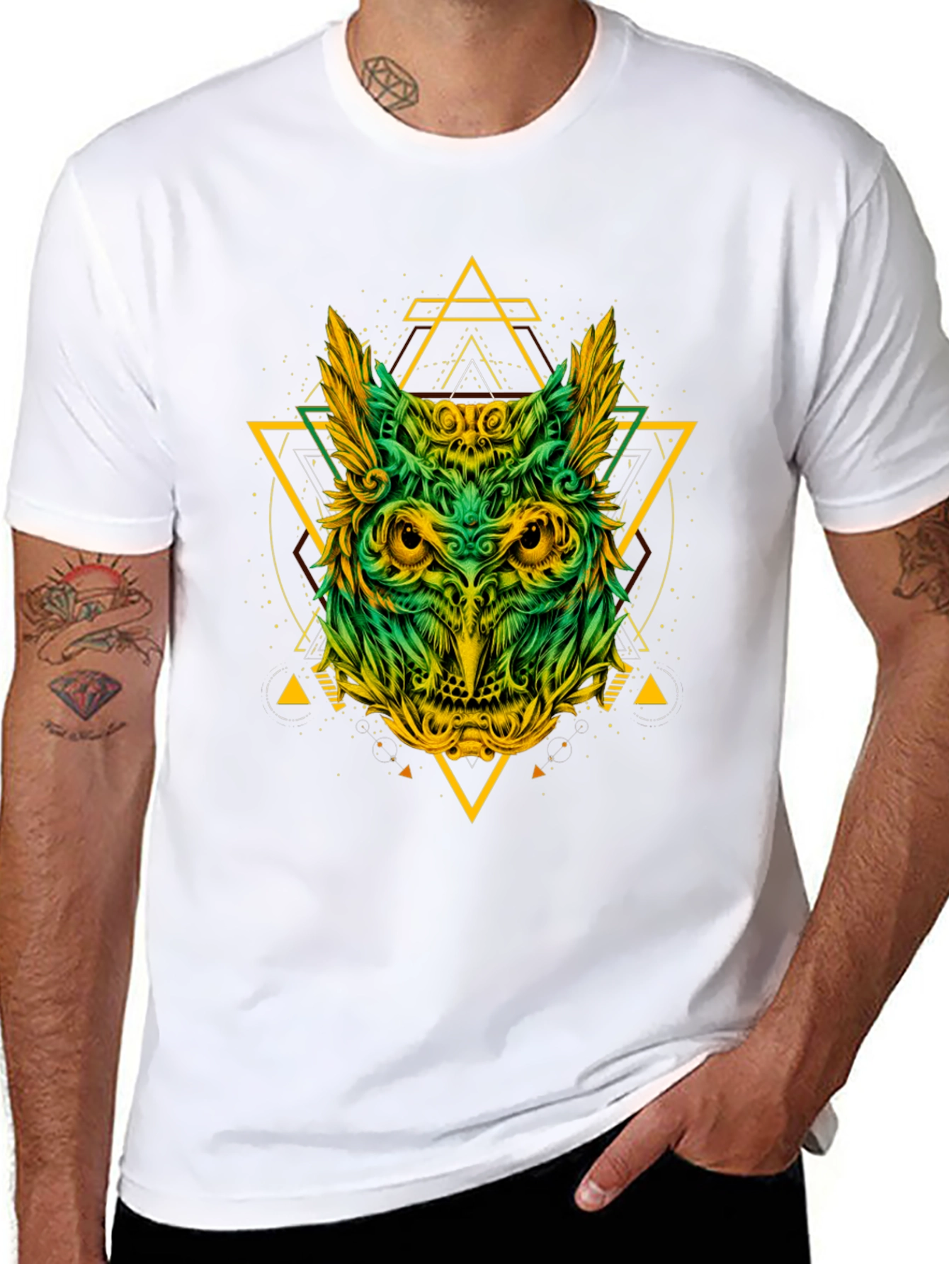 Geometric Owl Graphic Print Black T-Shirt