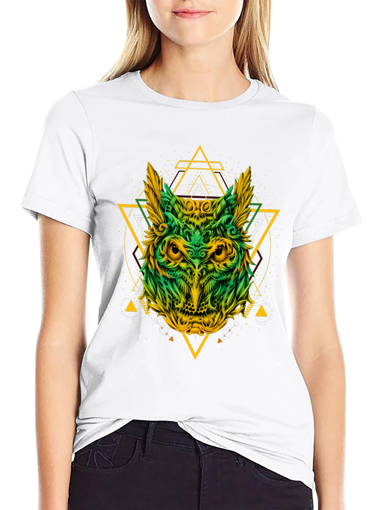 Geometric Owl Graphic Print Black T-Shirt
