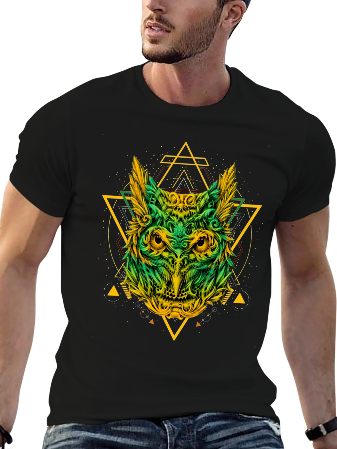 Geometric Owl Graphic Print Black T-Shirt
