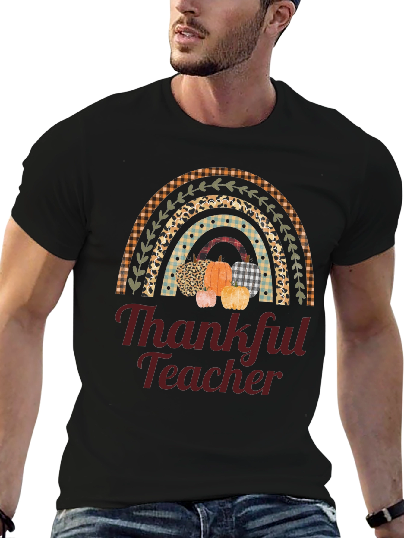 Thankful Teacher T-Shirt - Fall Rainbow Pumpkin Design