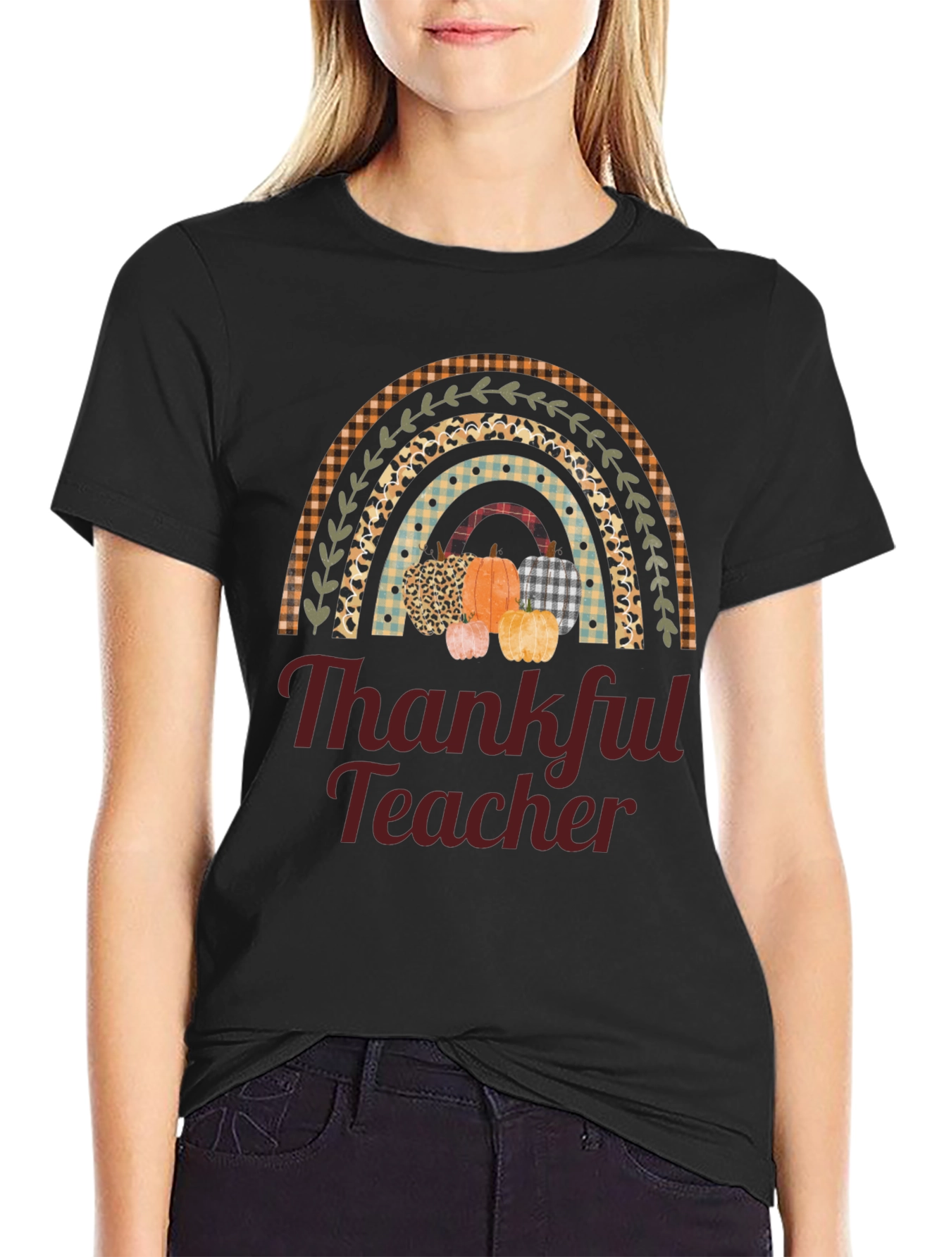 Thankful Teacher T-Shirt - Fall Rainbow Pumpkin Design