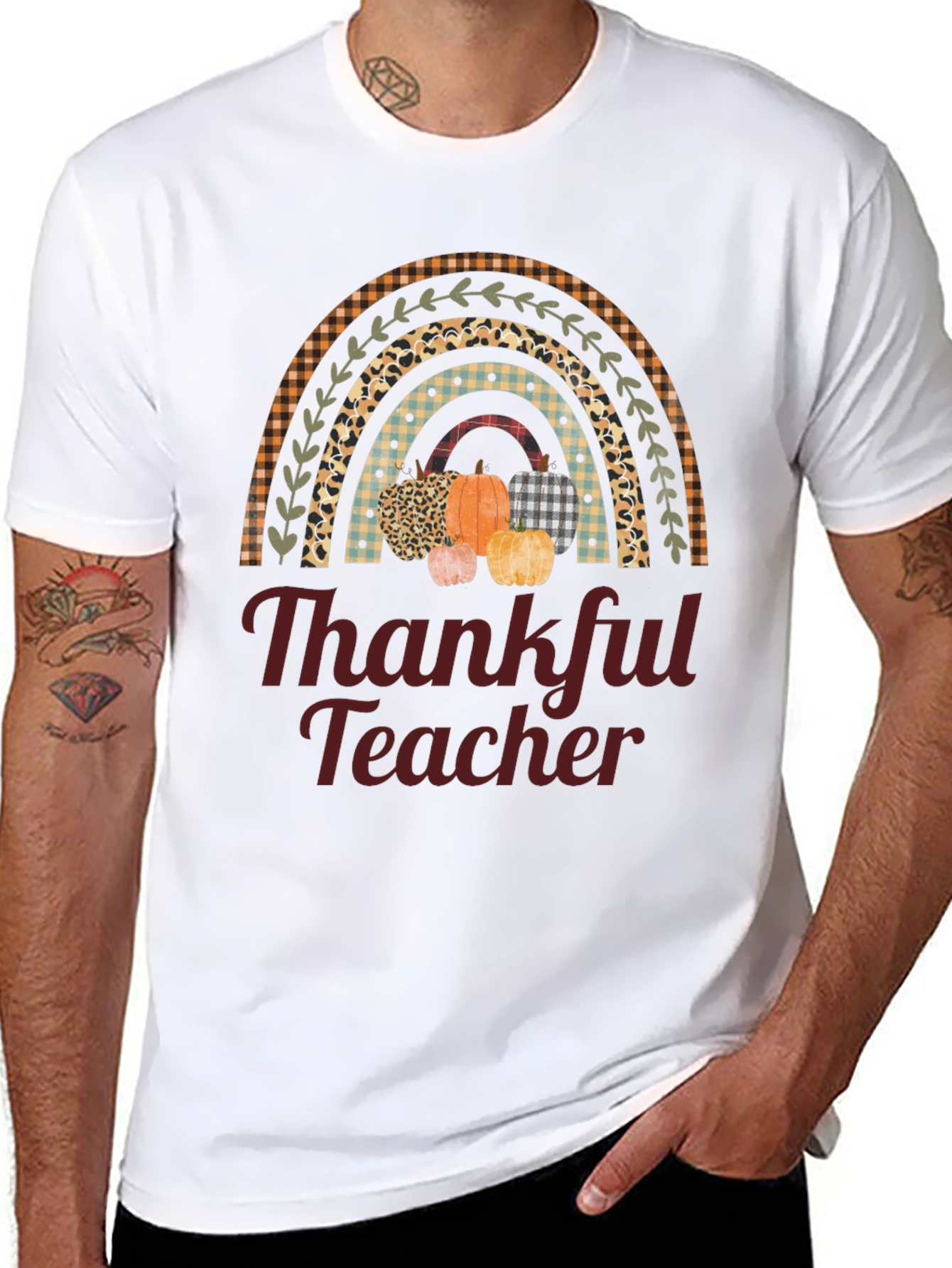Thankful Teacher T-Shirt - Fall Rainbow Pumpkin Design