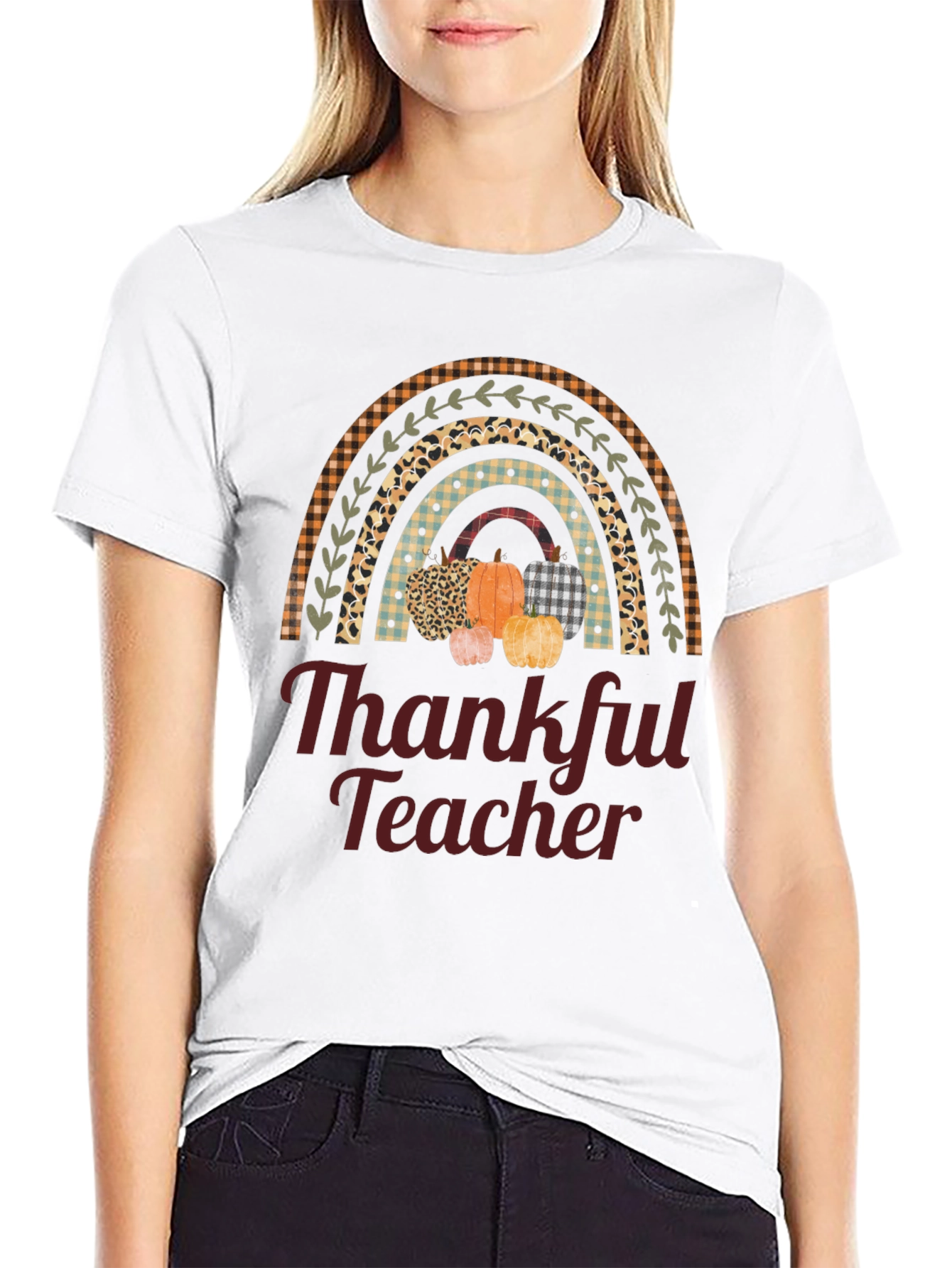 Thankful Teacher T-Shirt - Fall Rainbow Pumpkin Design