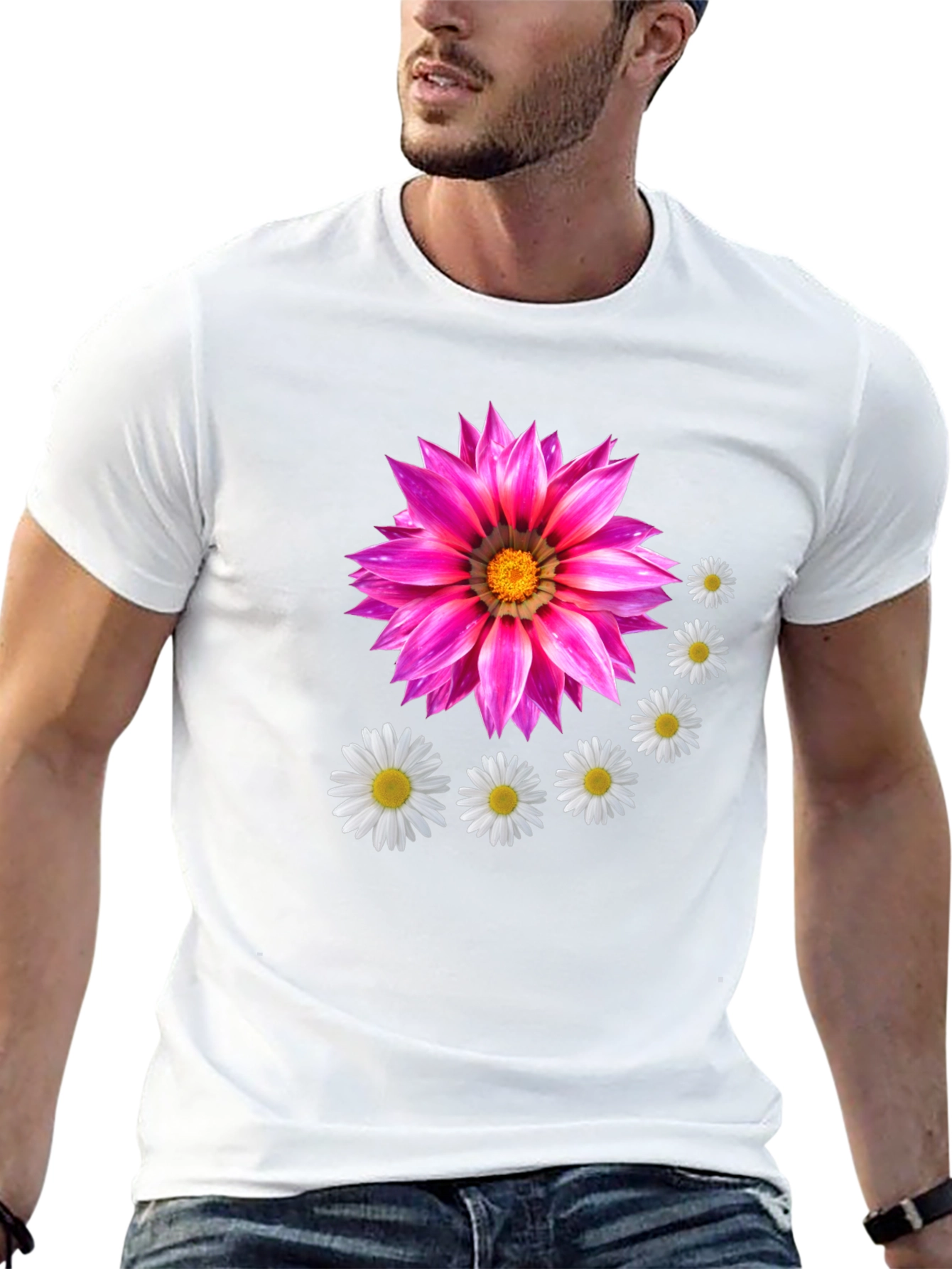 Floral T-Shirt with Pink Flower and Daisy Design