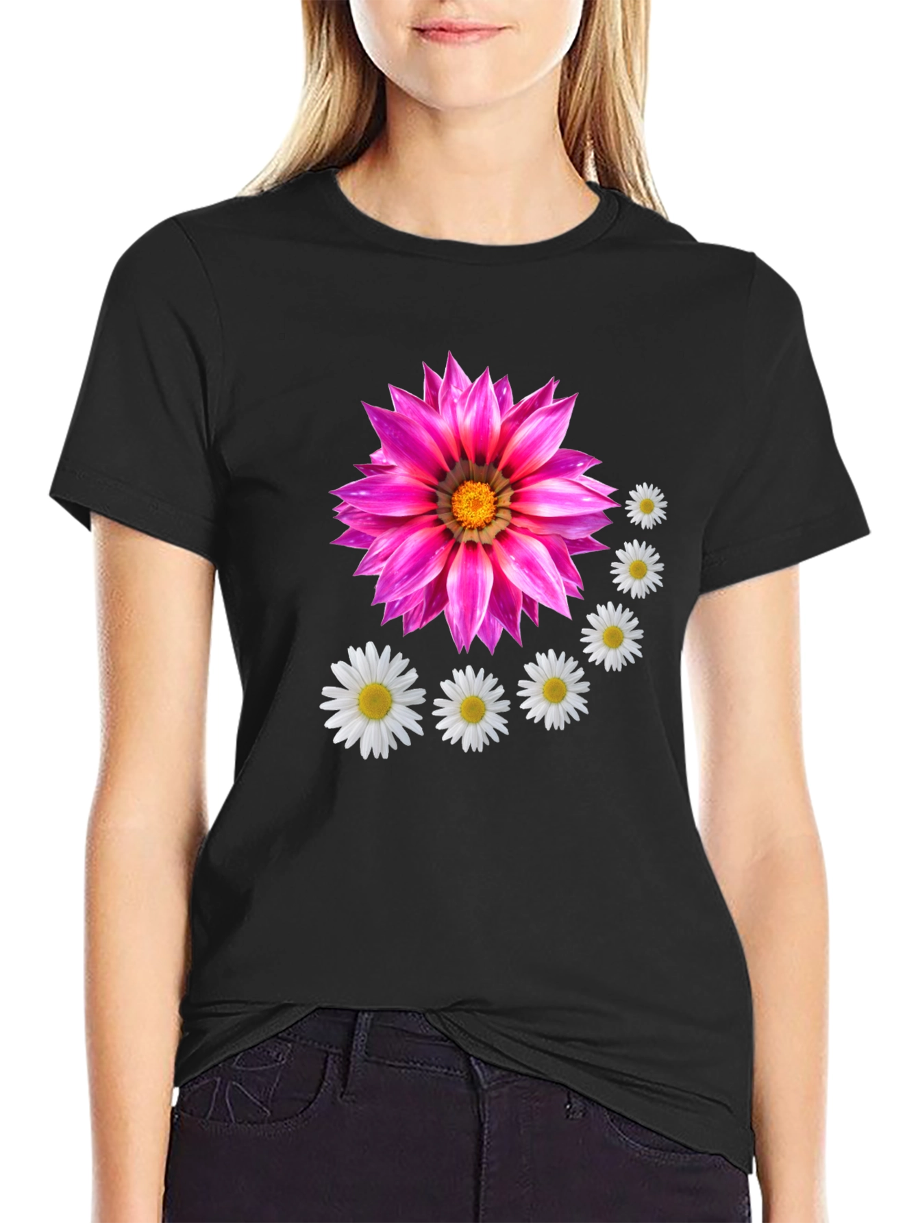 Floral T-Shirt with Pink Flower and Daisy Design