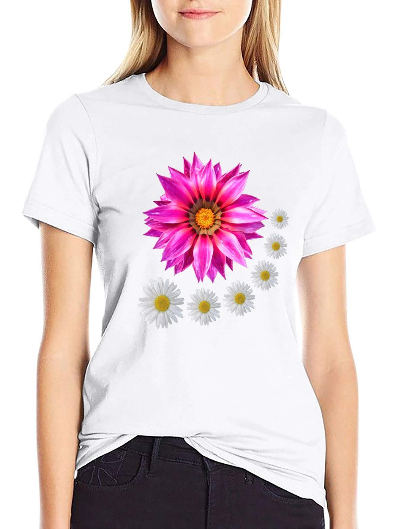 Floral T-Shirt with Pink Flower and Daisy Design