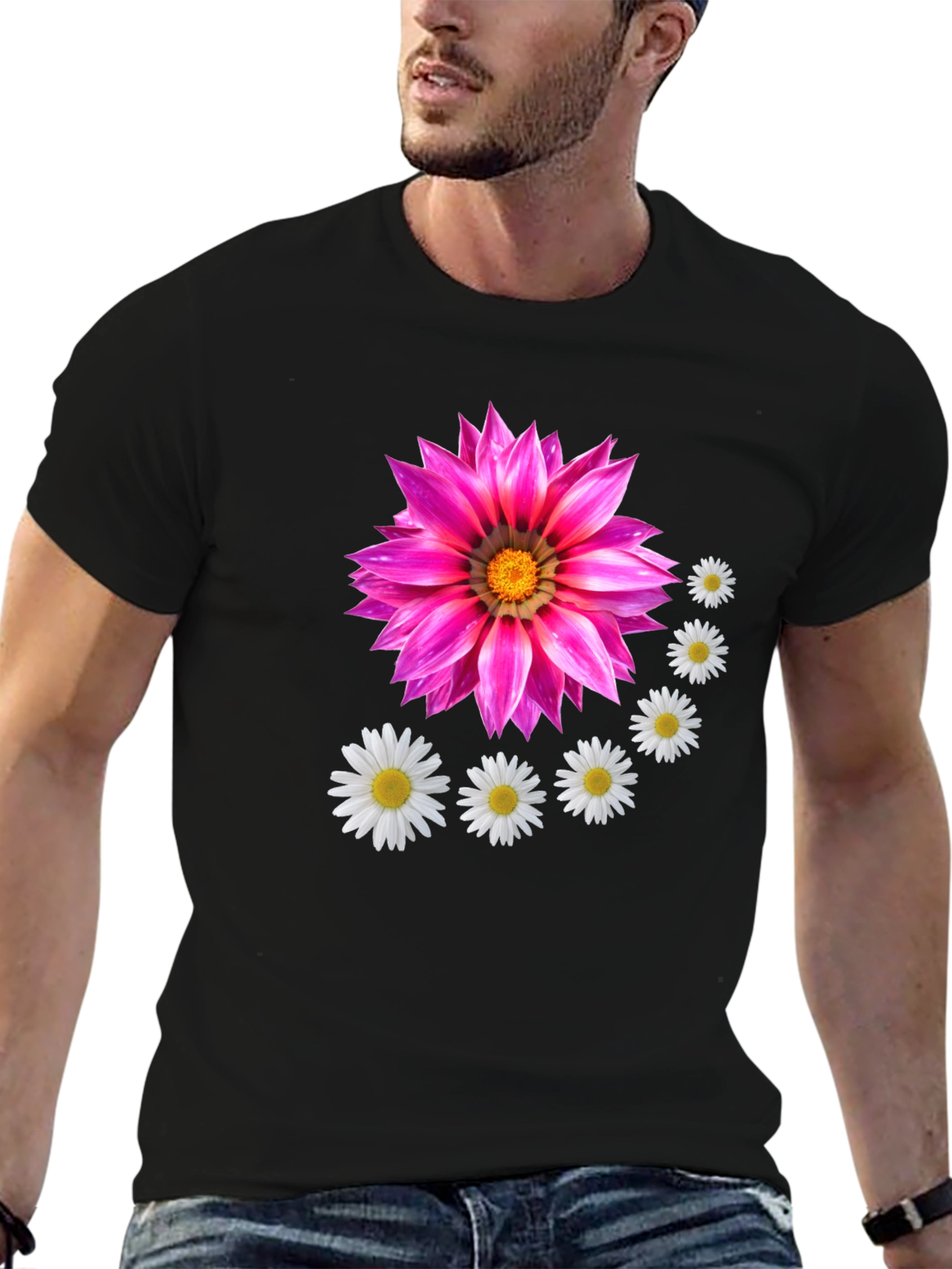 Floral T-Shirt with Pink Flower and Daisy Design