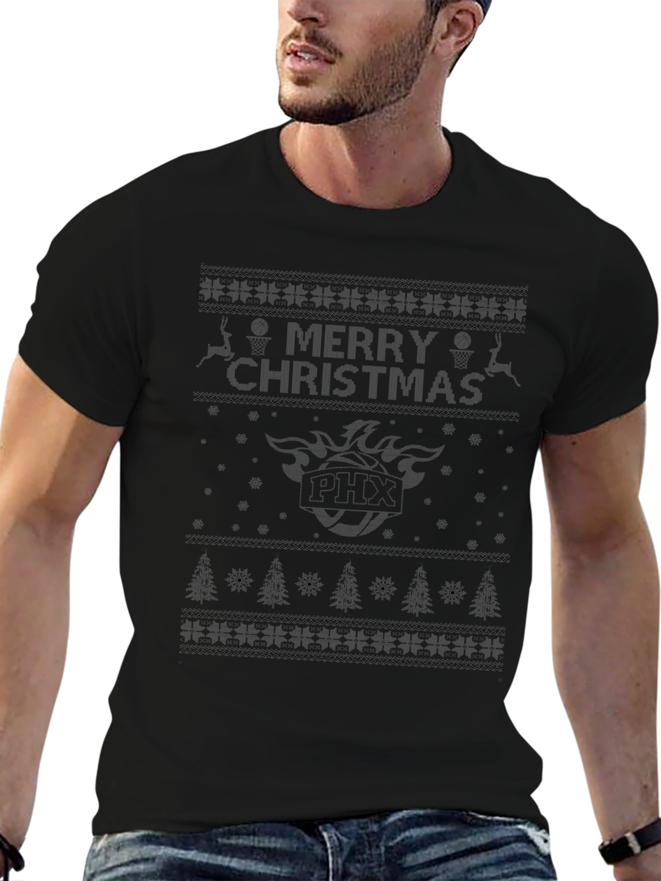 Festive Black Merry Christmas Ugly Sweater Style T-Shirt