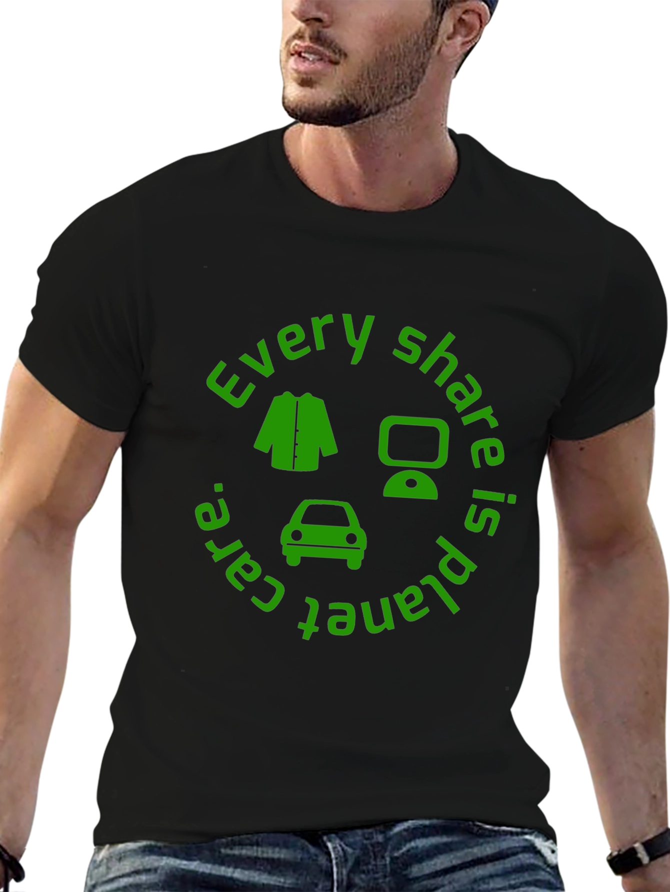 Eco-Friendly Green Share Black T-Shirt