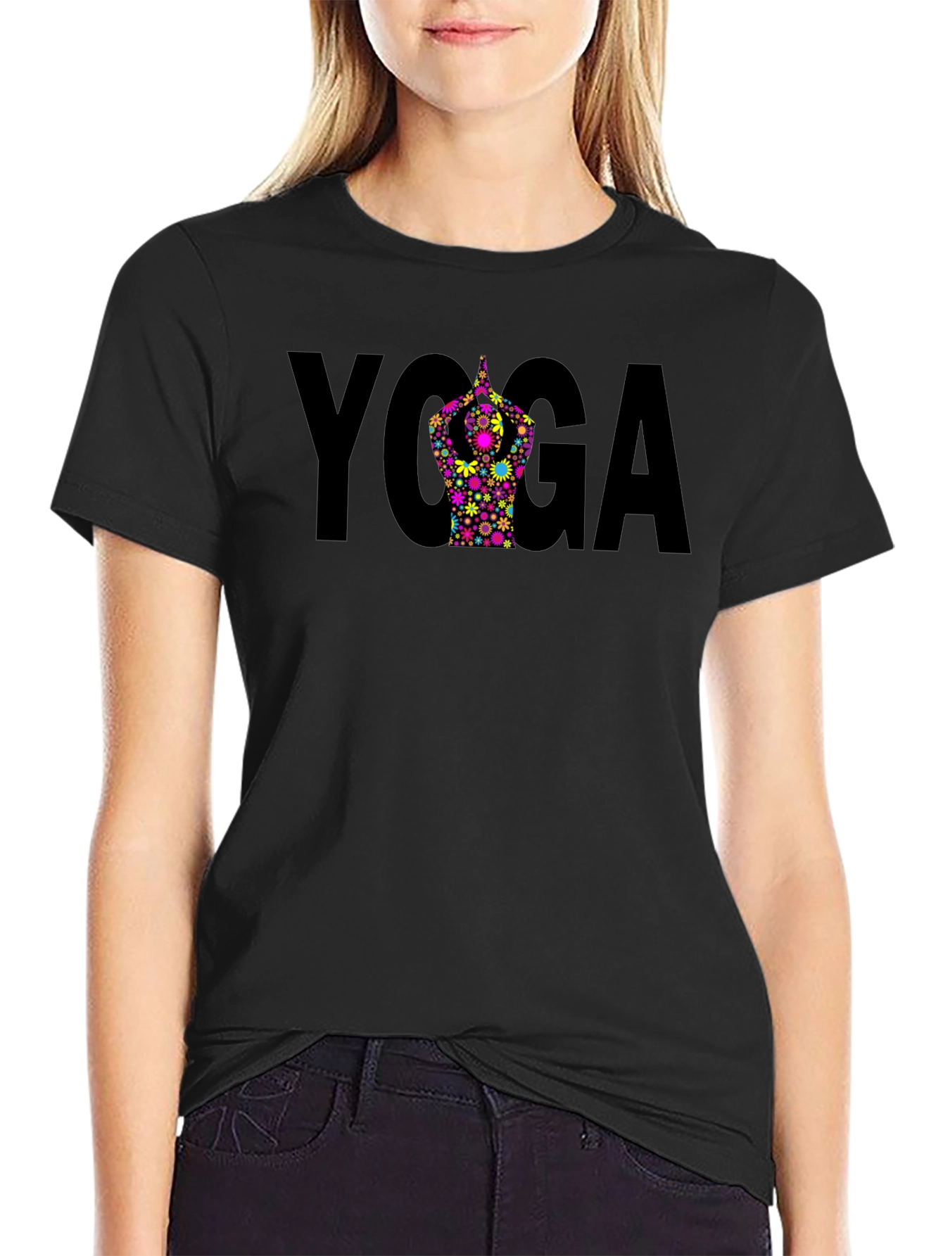Yoga Pose Flower Graphic Black T-Shirt