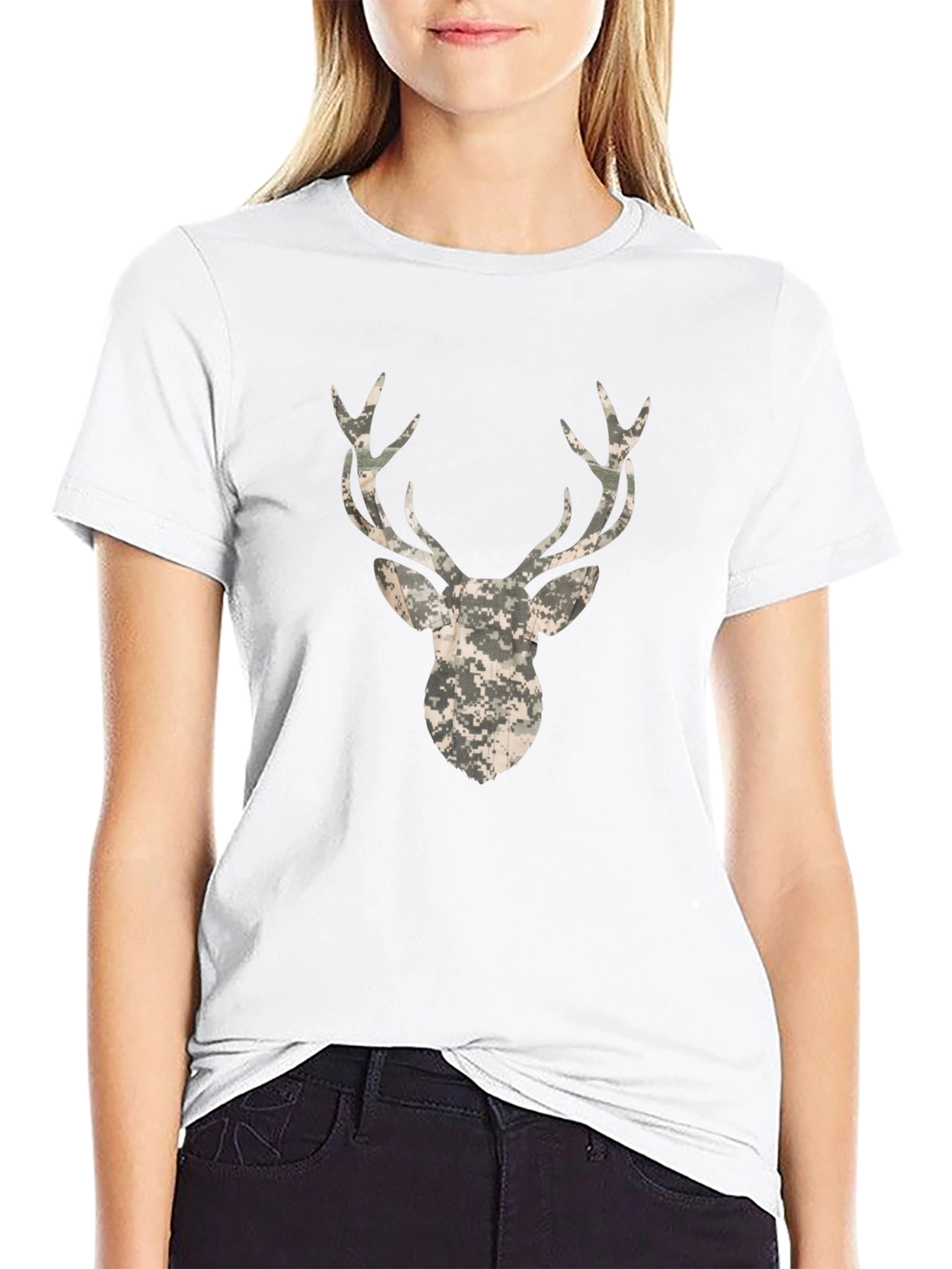 Camo Deer Head Black T-Shirt