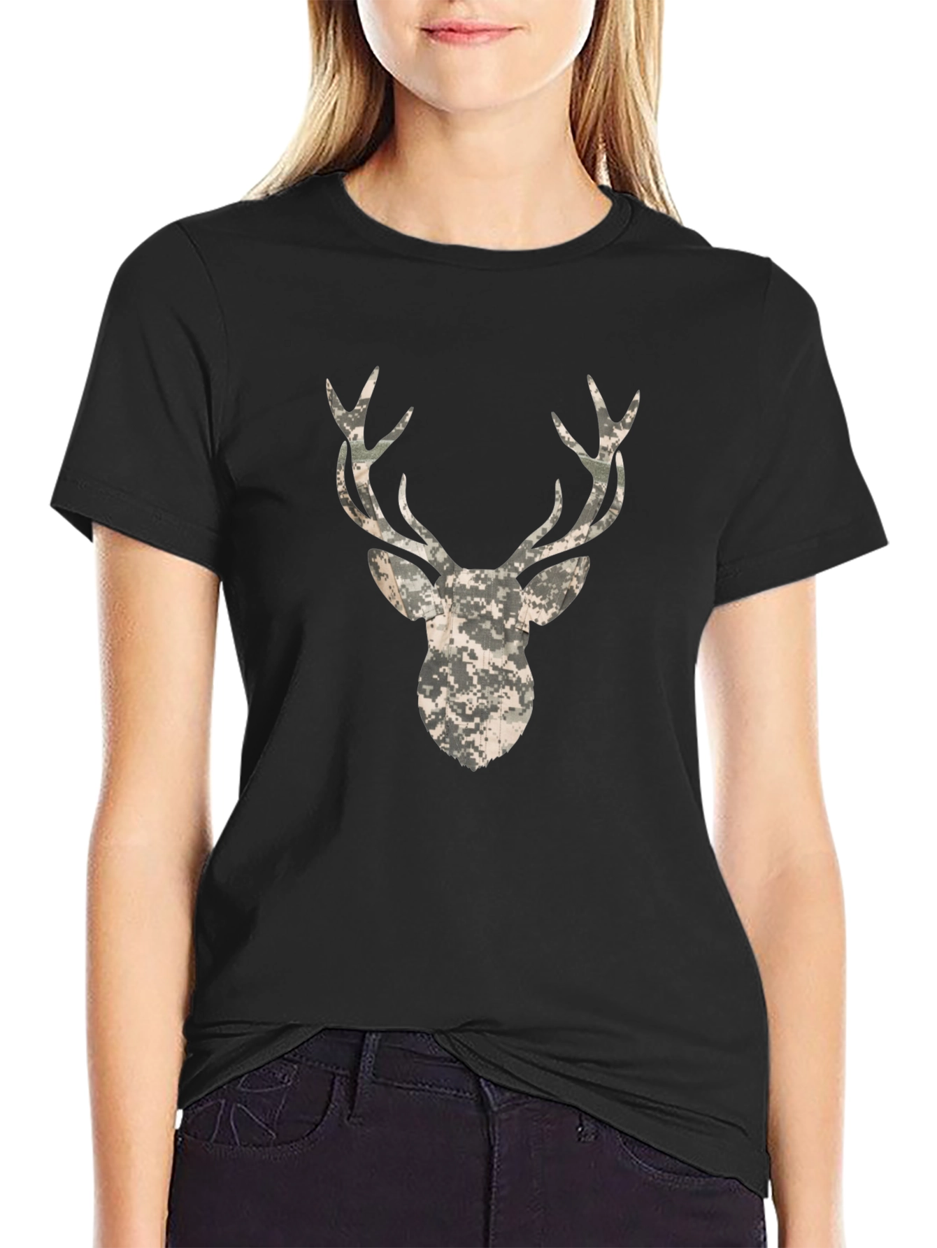 Camo Deer Head Black T-Shirt