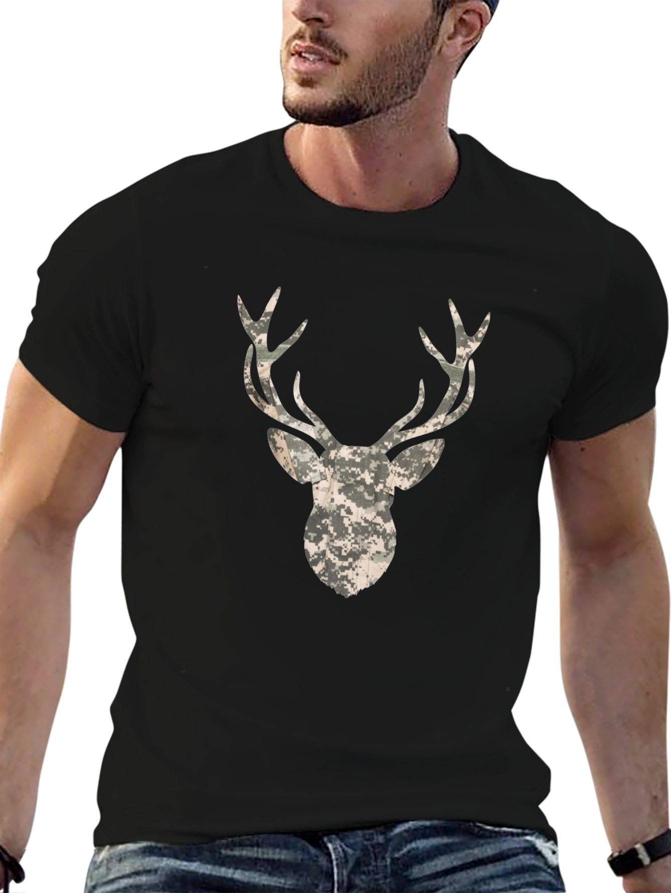 Camo Deer Head Black T-Shirt
