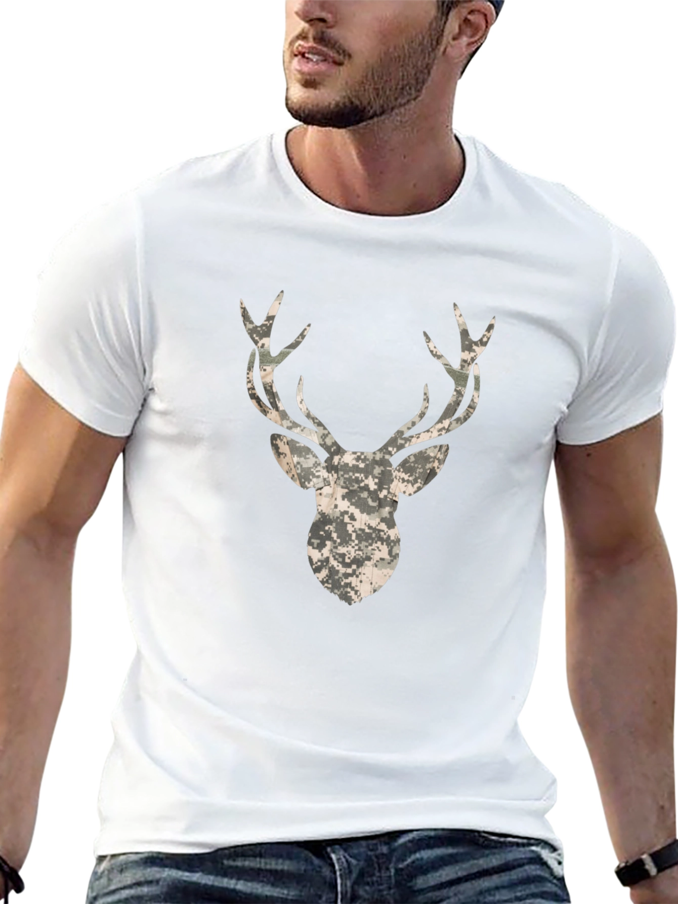 Camo Deer Head Black T-Shirt