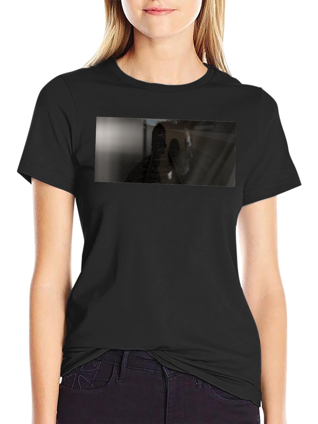Black T-Shirt with Train Track Design