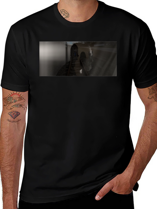 Black T-Shirt with Train Track Design