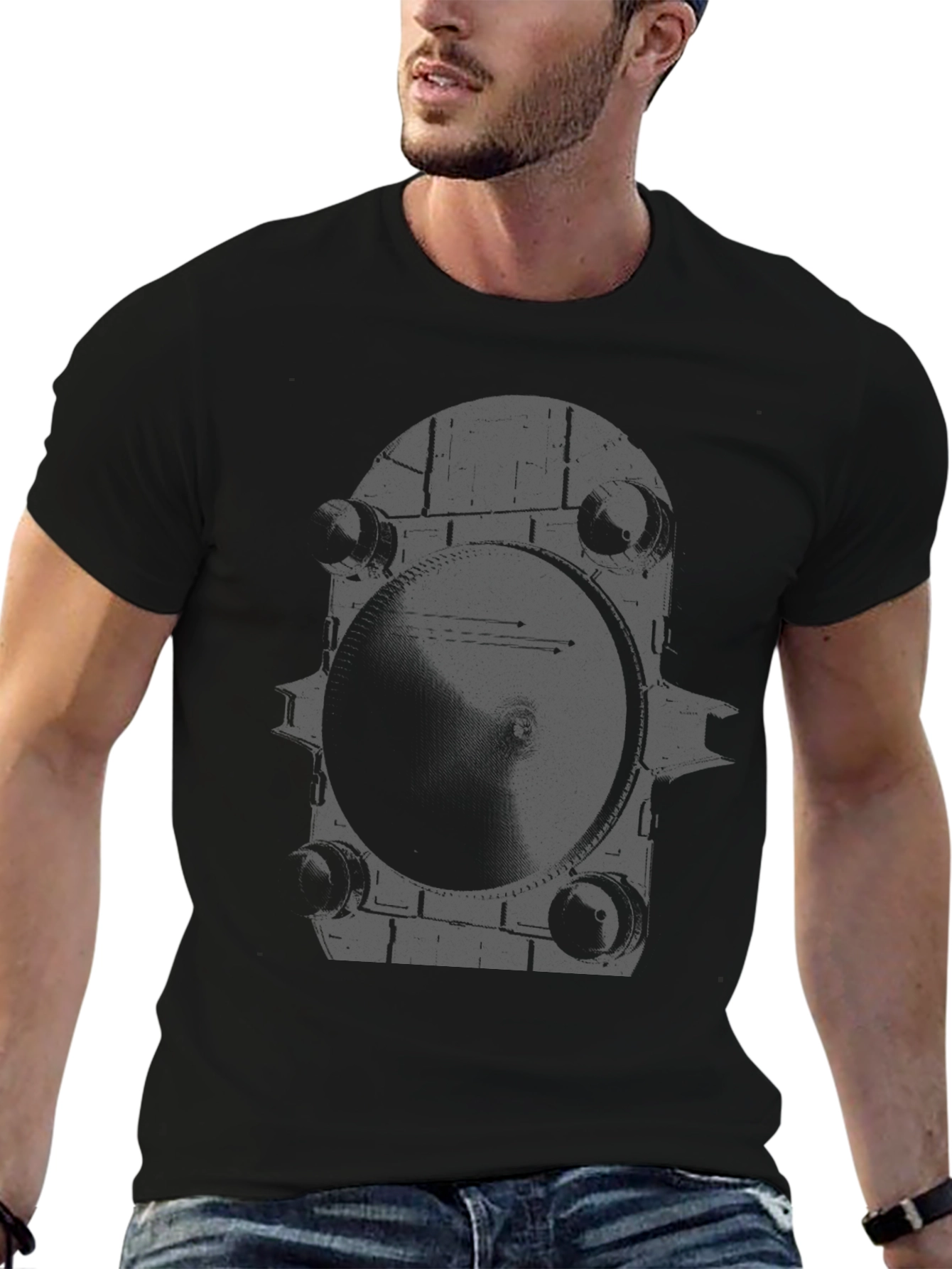 Monochrome Gear Graphic Tee - Modern & Edgy