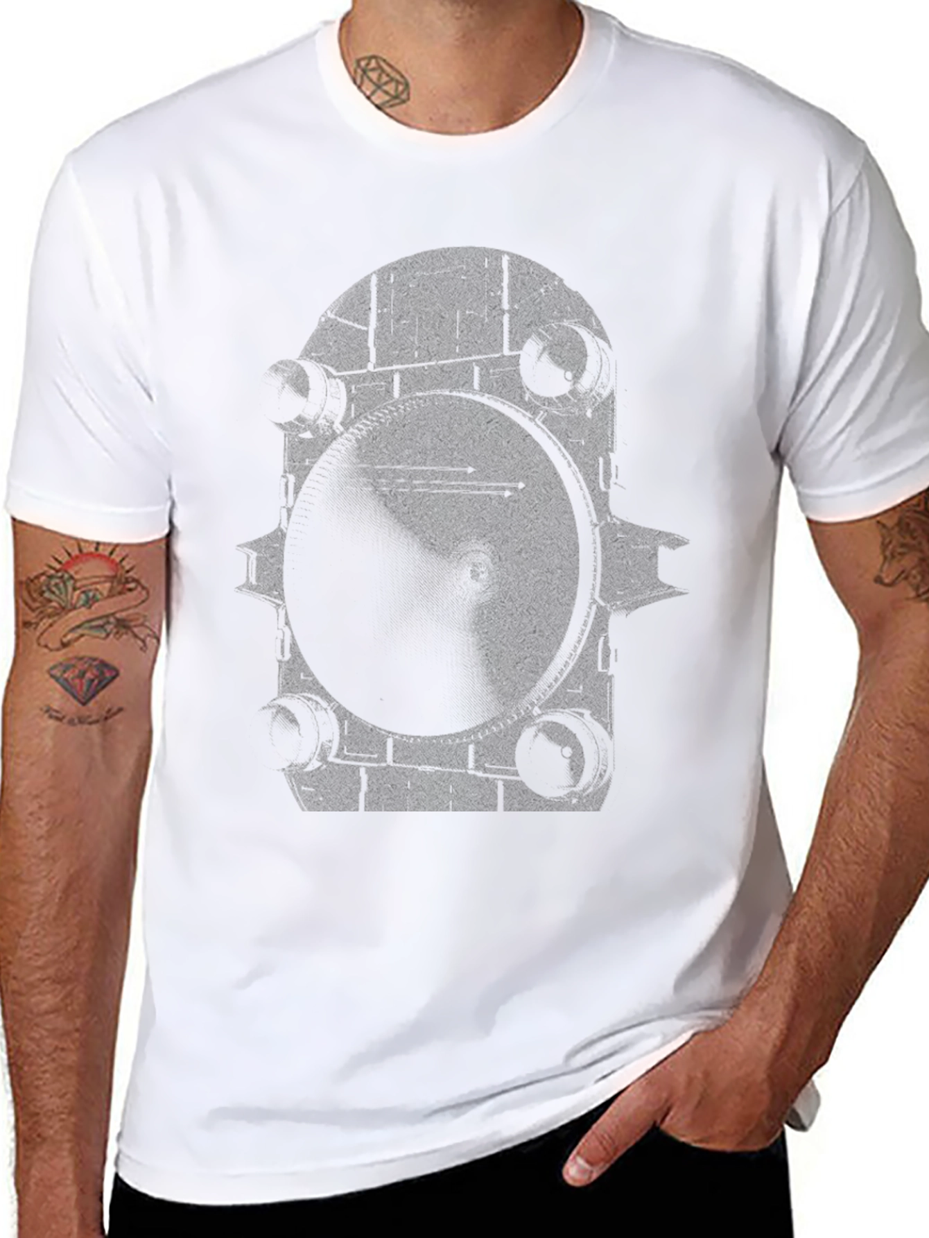 Monochrome Gear Graphic Tee - Modern & Edgy