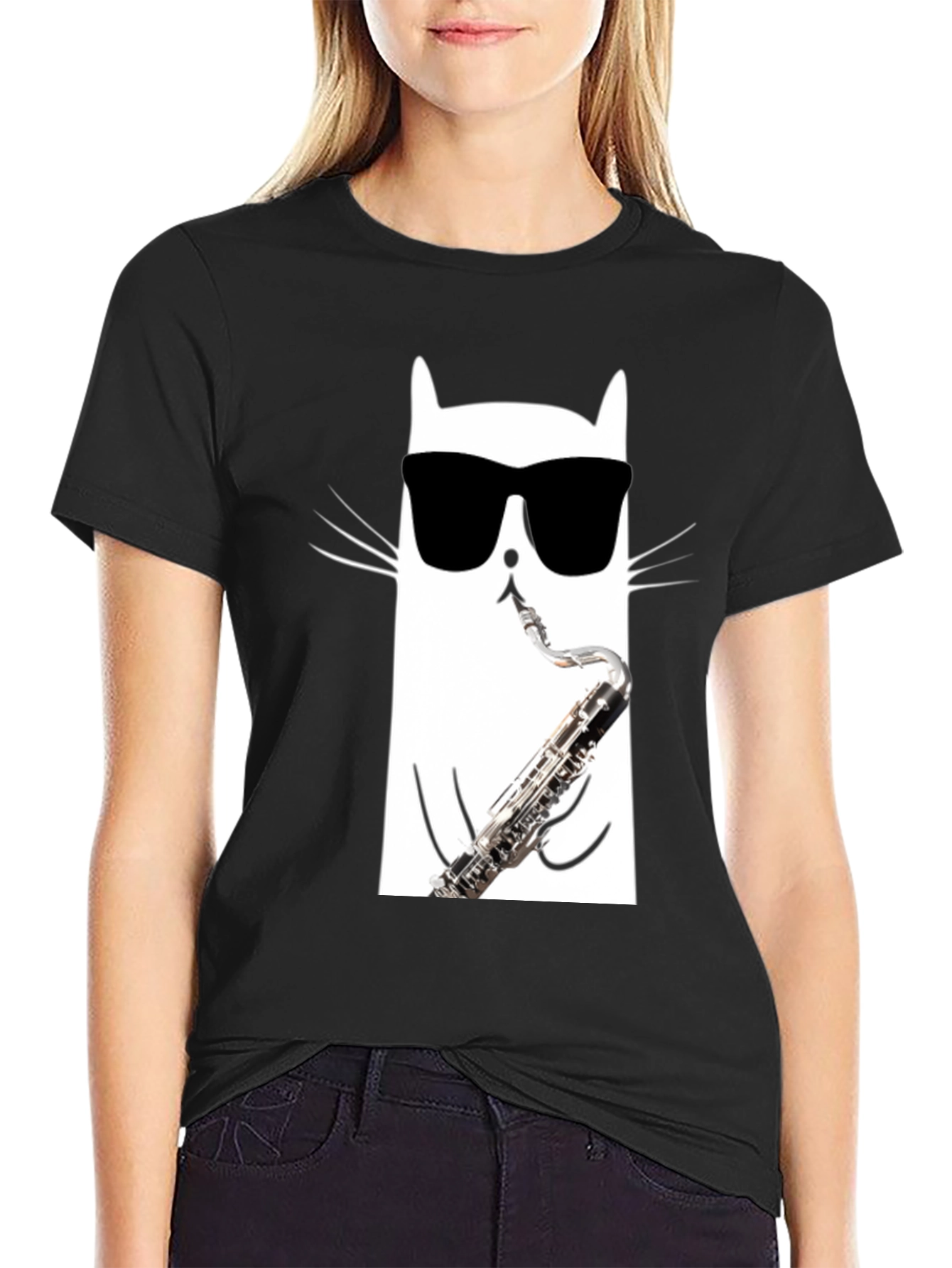 Cool Cat Saxophone T-Shirt - Black Cotton Tee