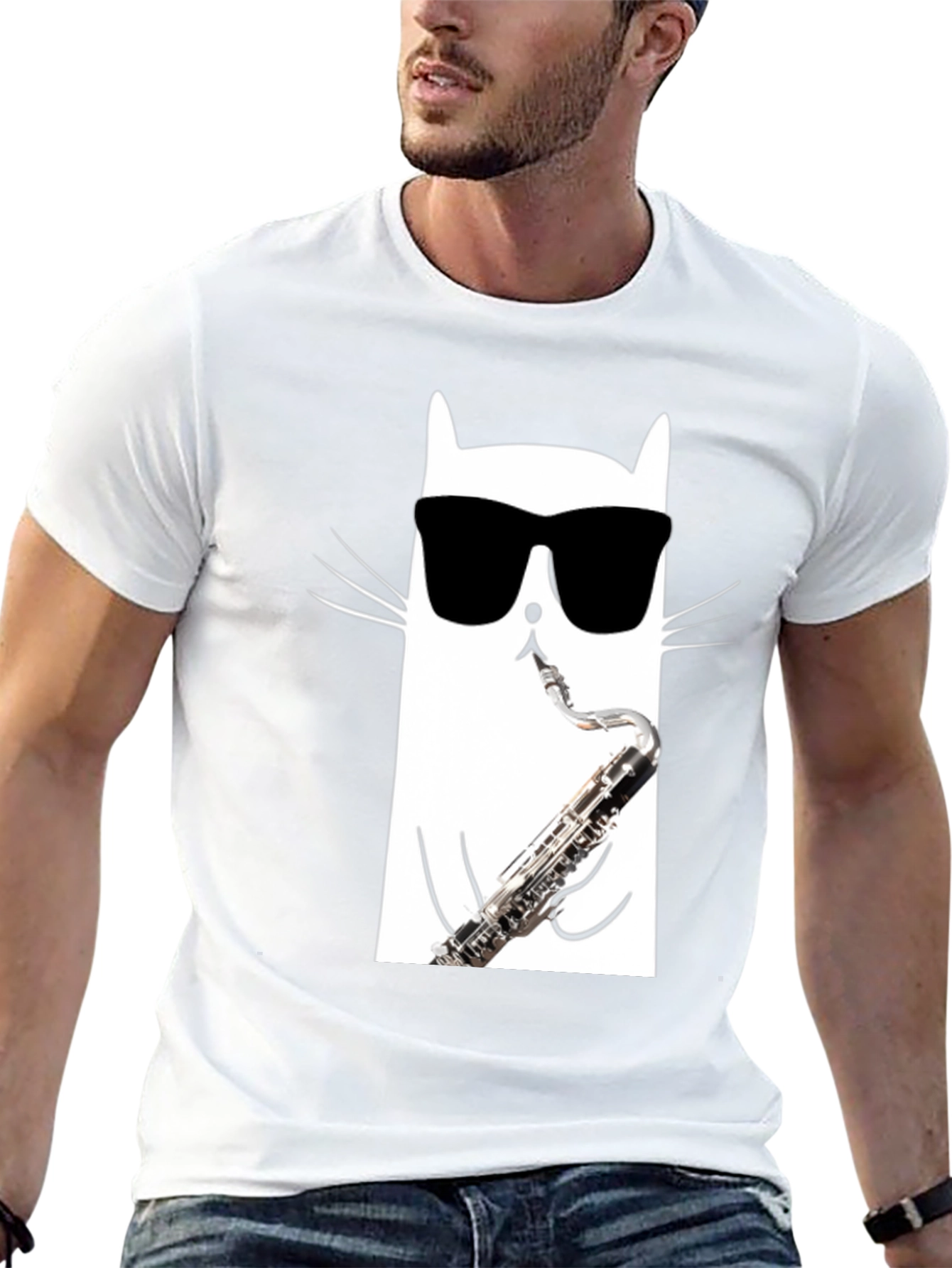 Cool Cat Saxophone T-Shirt - Black Cotton Tee