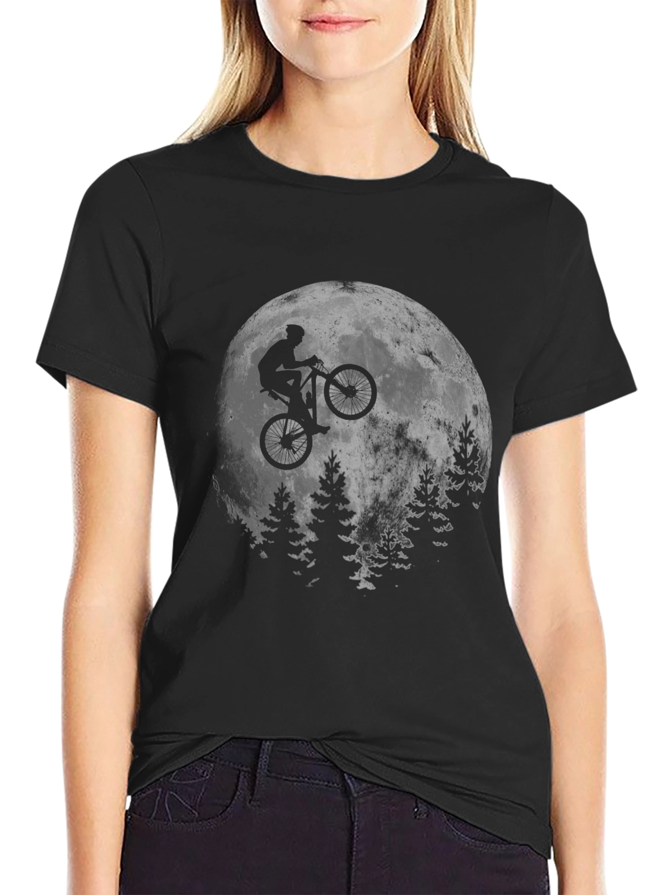 Biker Moon Graphic T-Shirt - Black Cotton Blend