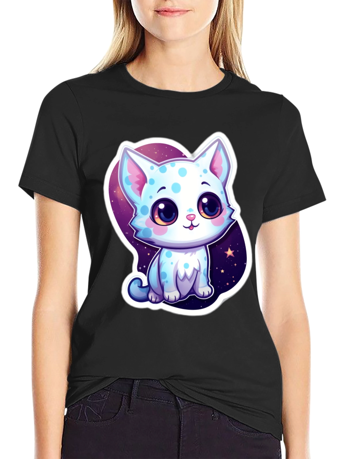 Cute Cartoon Cat Black T-Shirt