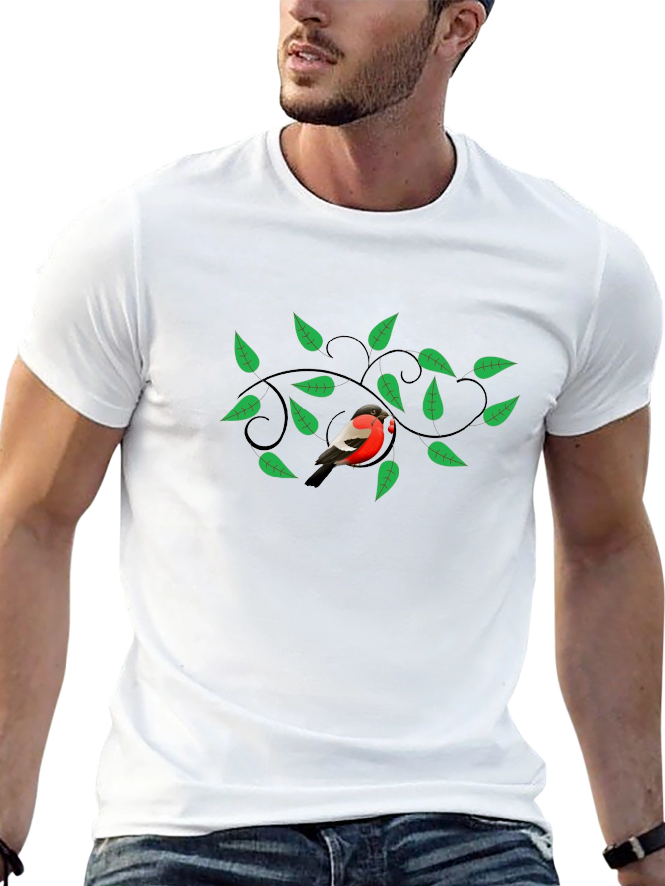 Bird & Green Leaves Graphic Print Black T-Shirt