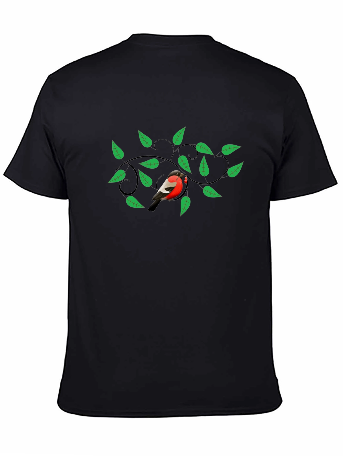 Bird & Green Leaves Graphic Print Black T-Shirt