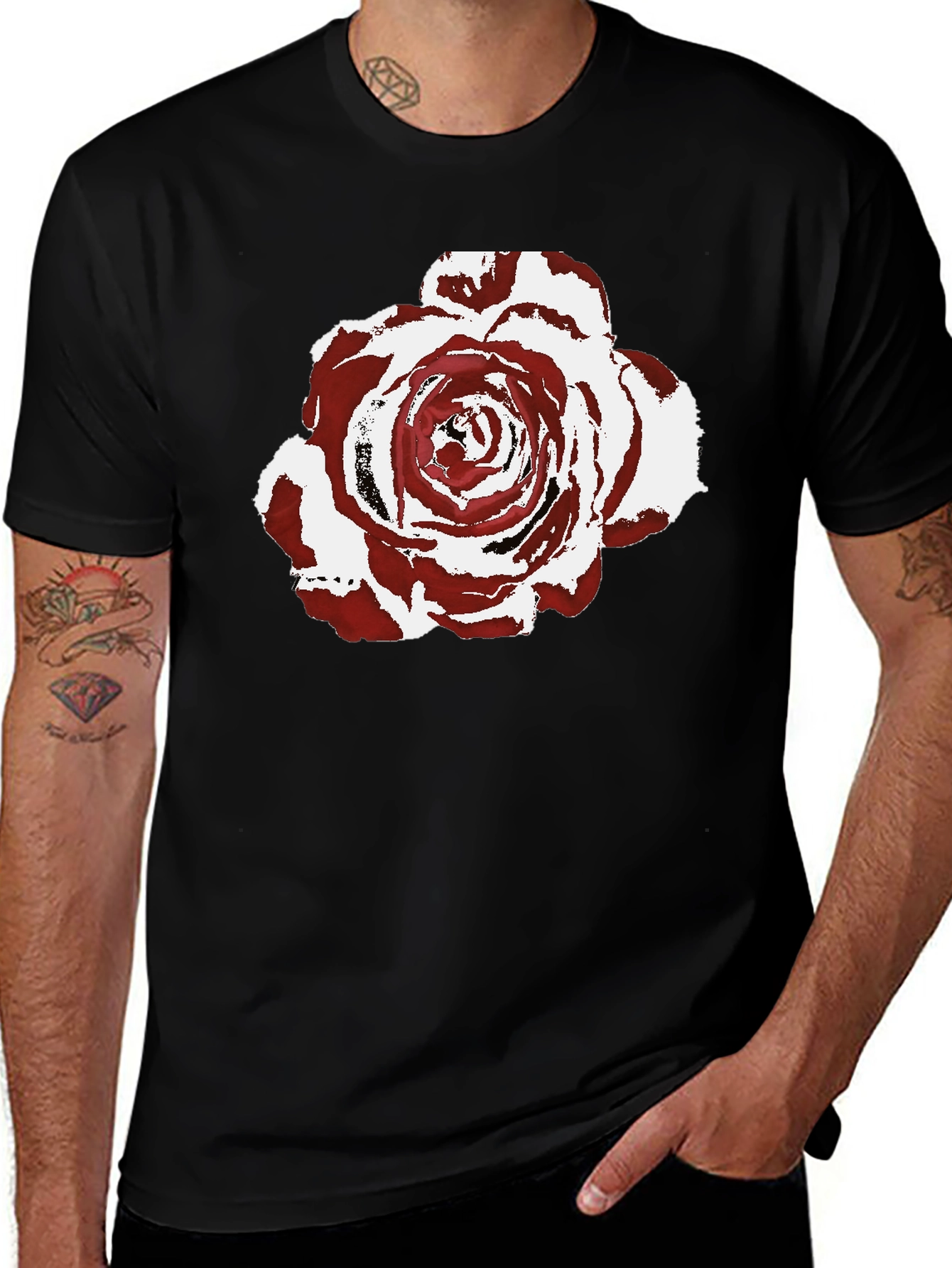 Burgundy Rose Graphic Print Black T-Shirt