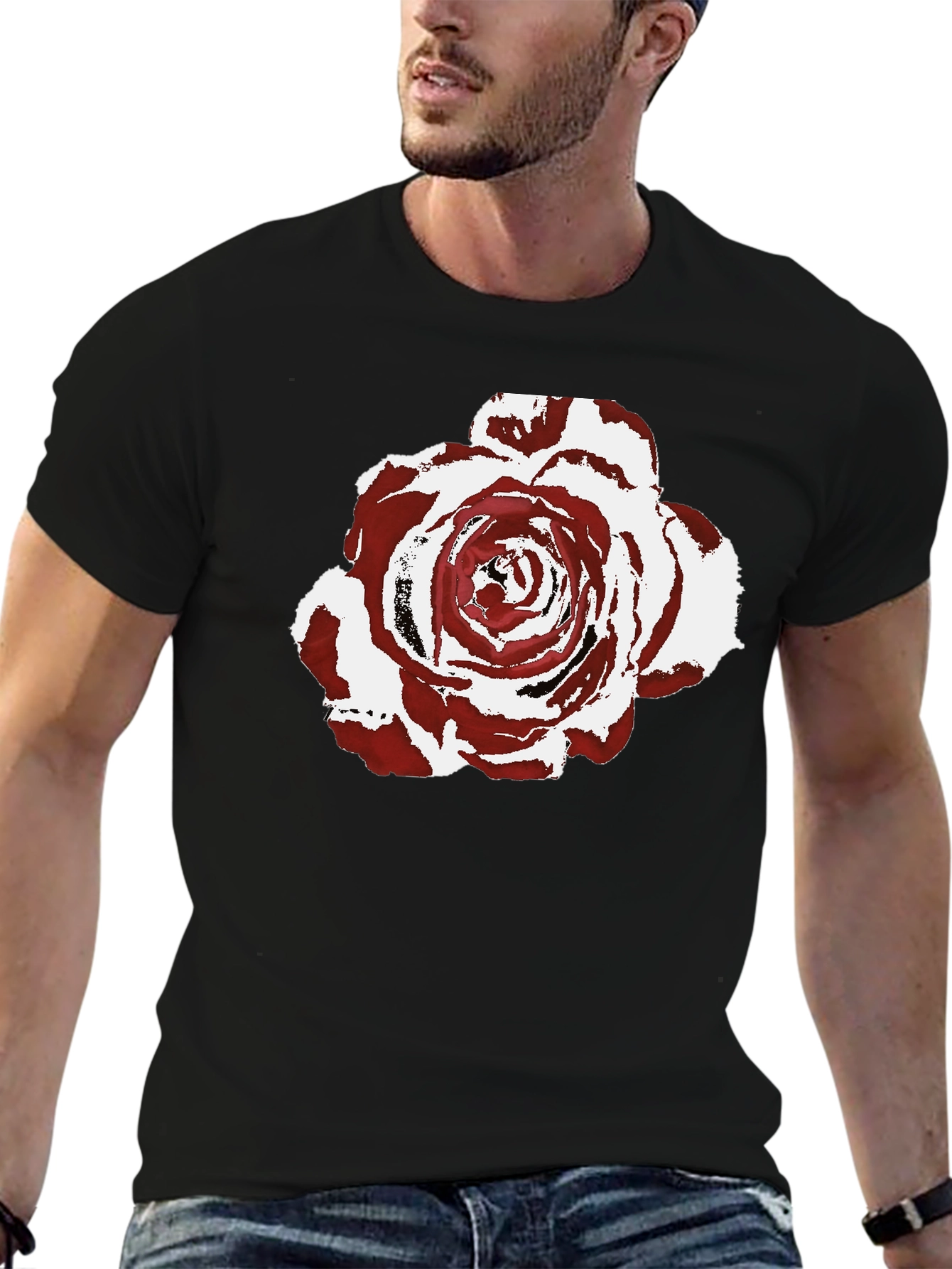 Burgundy Rose Graphic Print Black T-Shirt