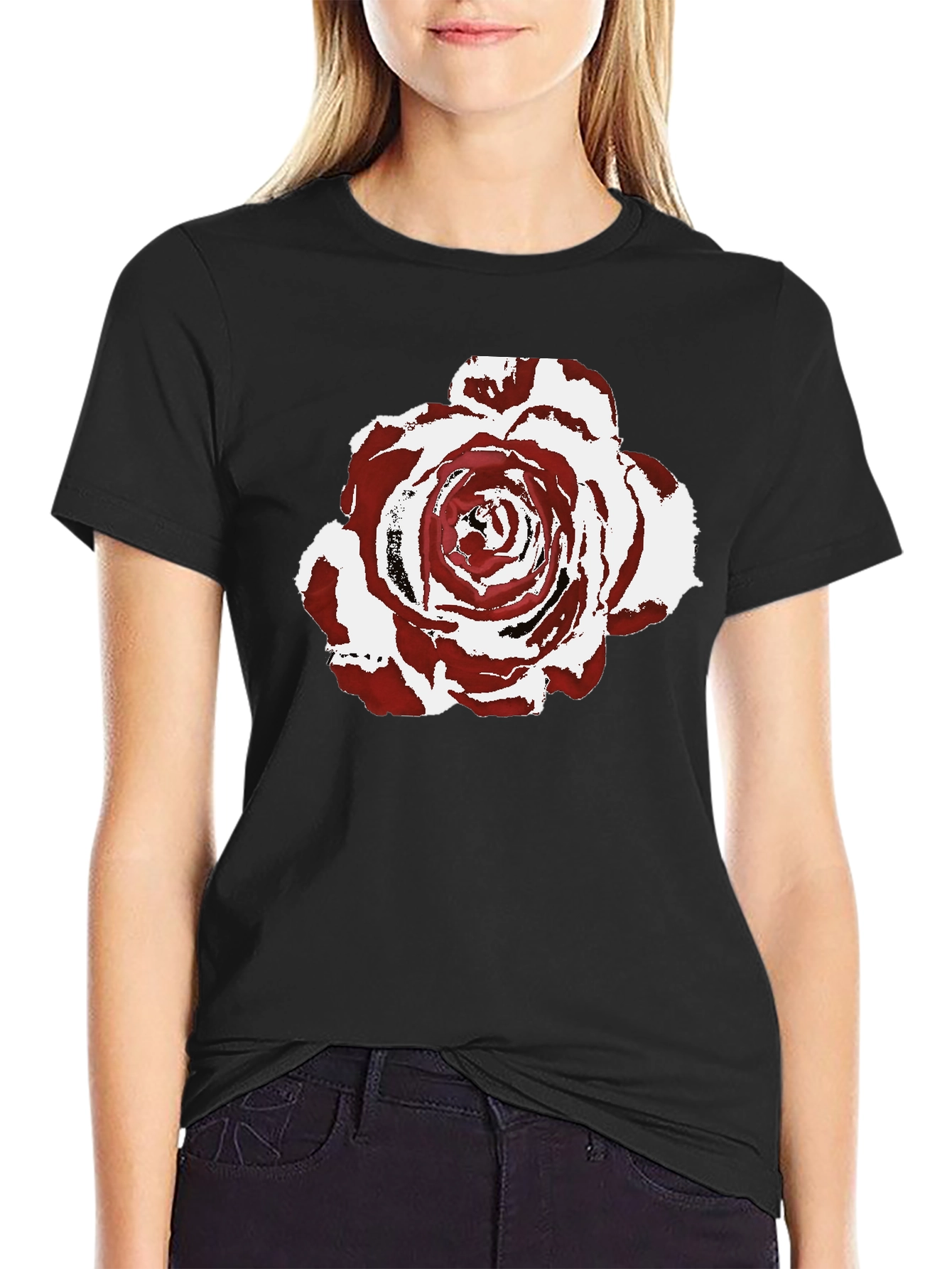 Burgundy Rose Graphic Print Black T-Shirt