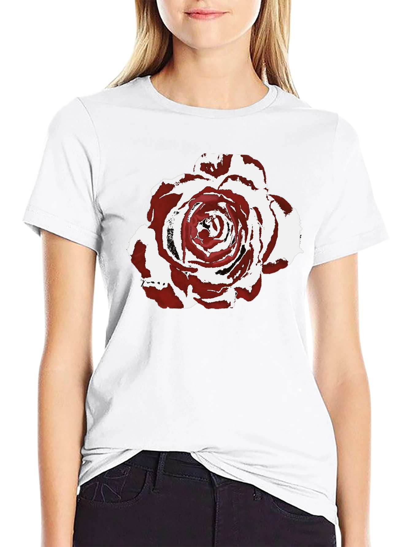 Burgundy Rose Graphic Print Black T-Shirt