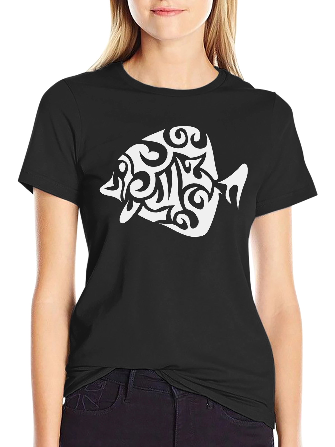 Black T-Shirt with White Fish Graphic