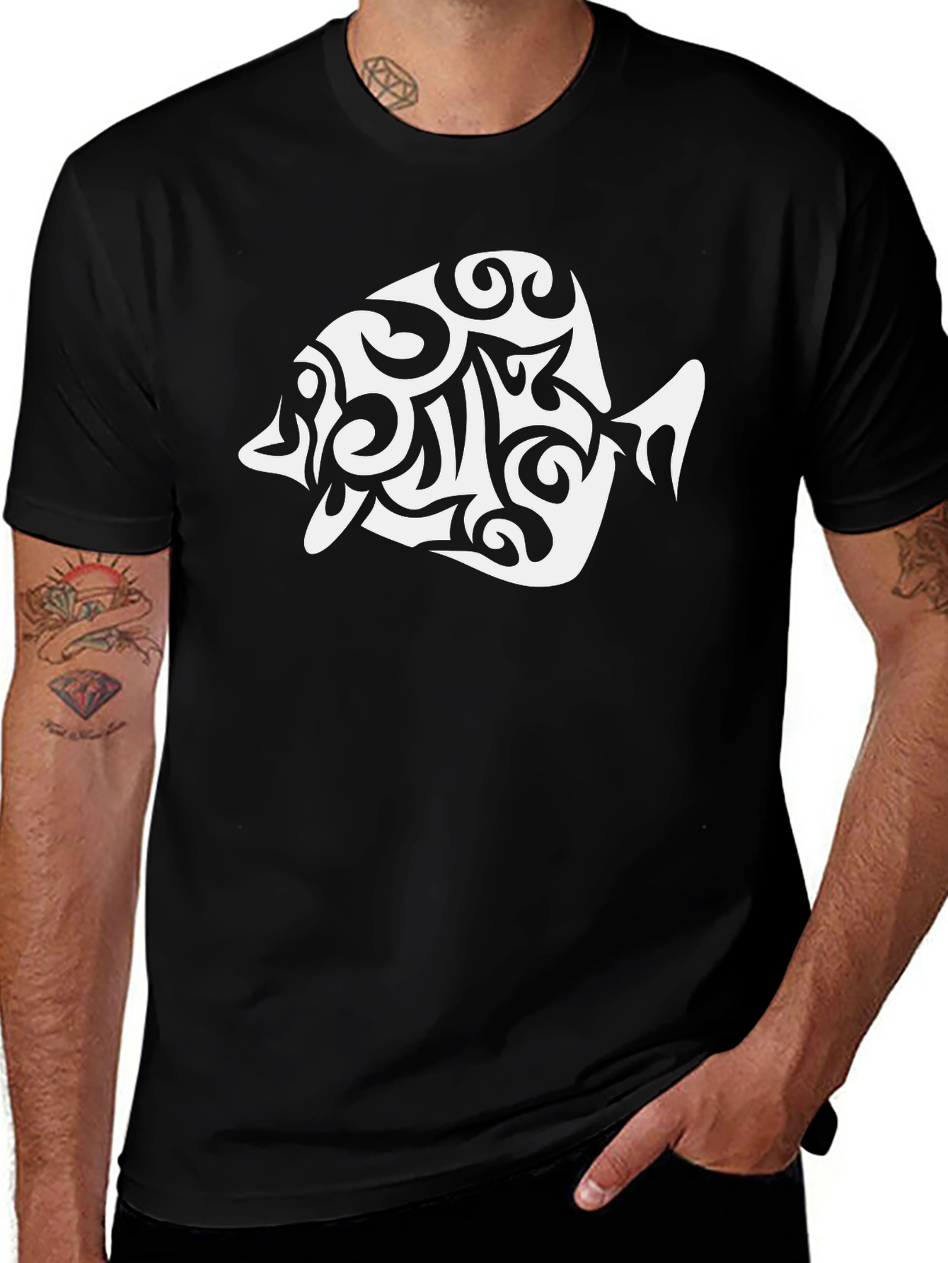Black T-Shirt with White Fish Graphic