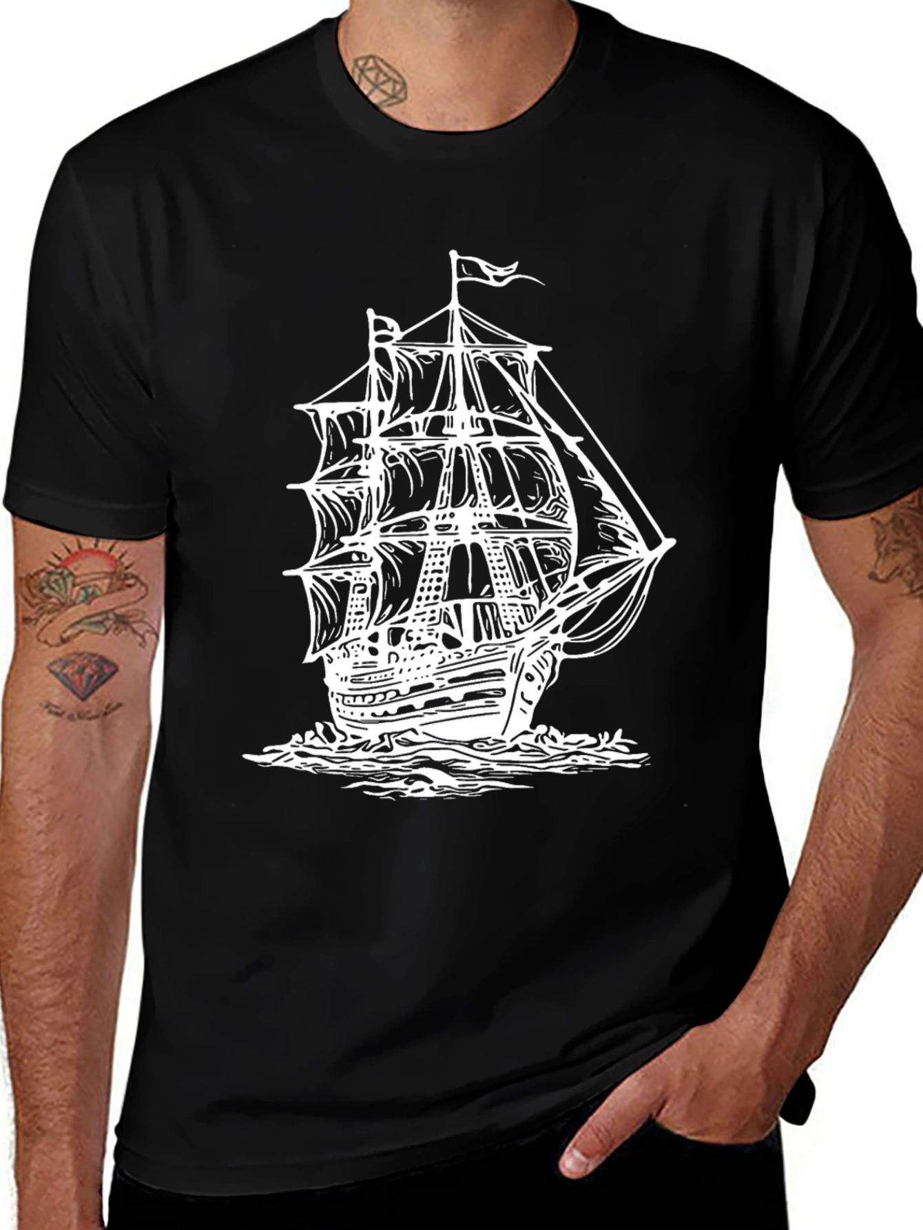 Nautical Ship Graphic Tee - Black Cotton T-Shirt