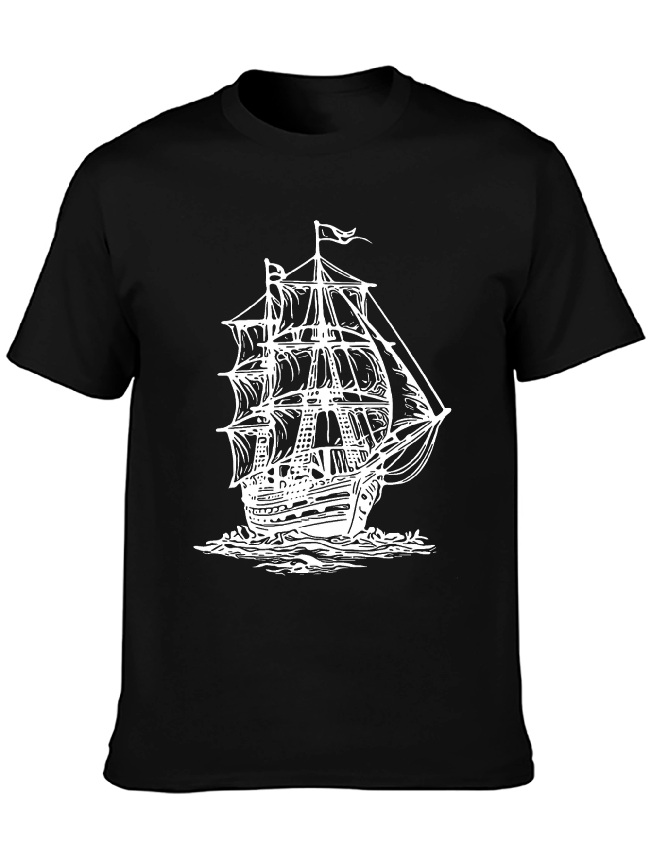 Nautical Ship Graphic Tee - Black Cotton T-Shirt