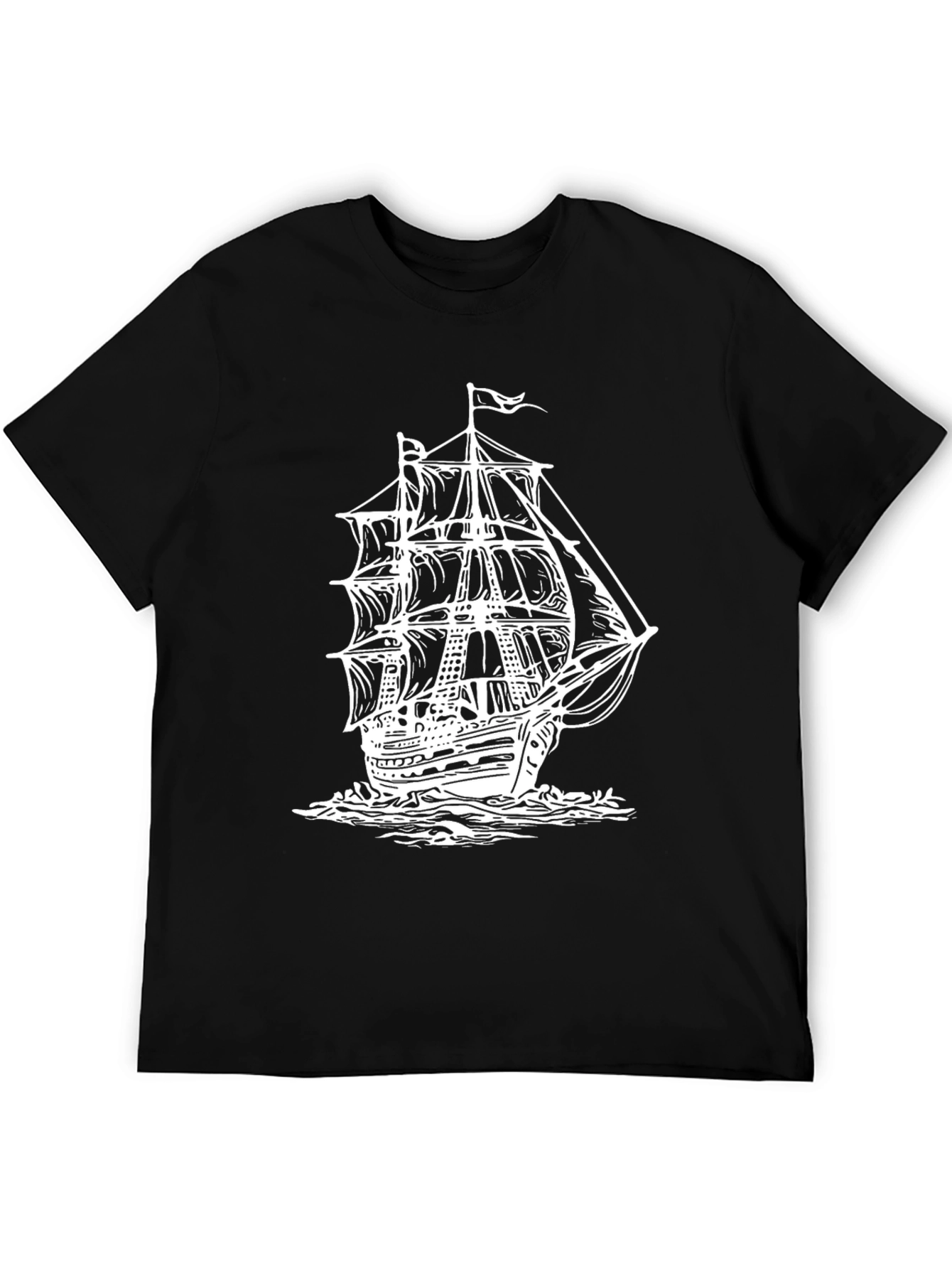 Nautical Ship Graphic Tee - Black Cotton T-Shirt