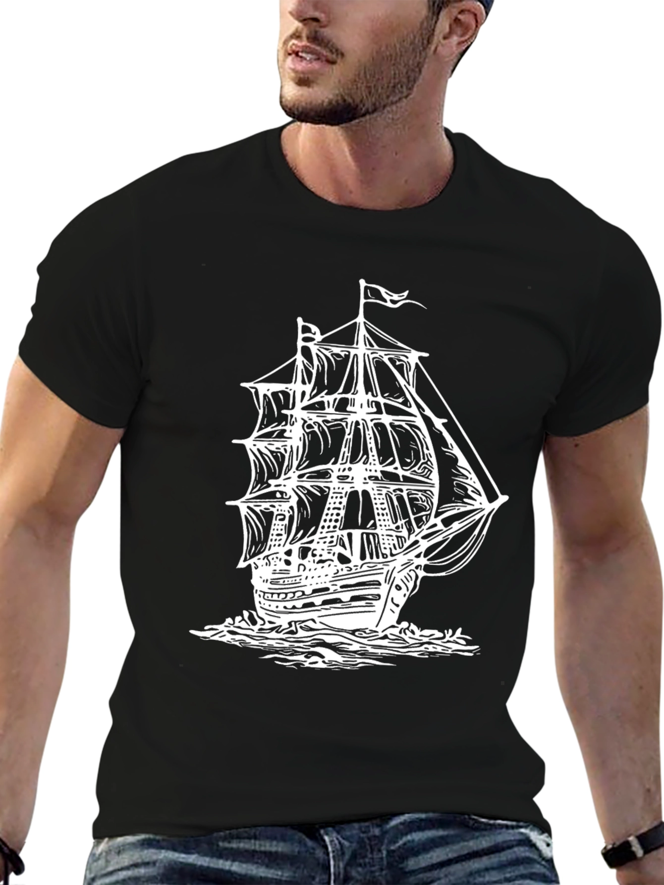 Nautical Ship Graphic Tee - Black Cotton T-Shirt