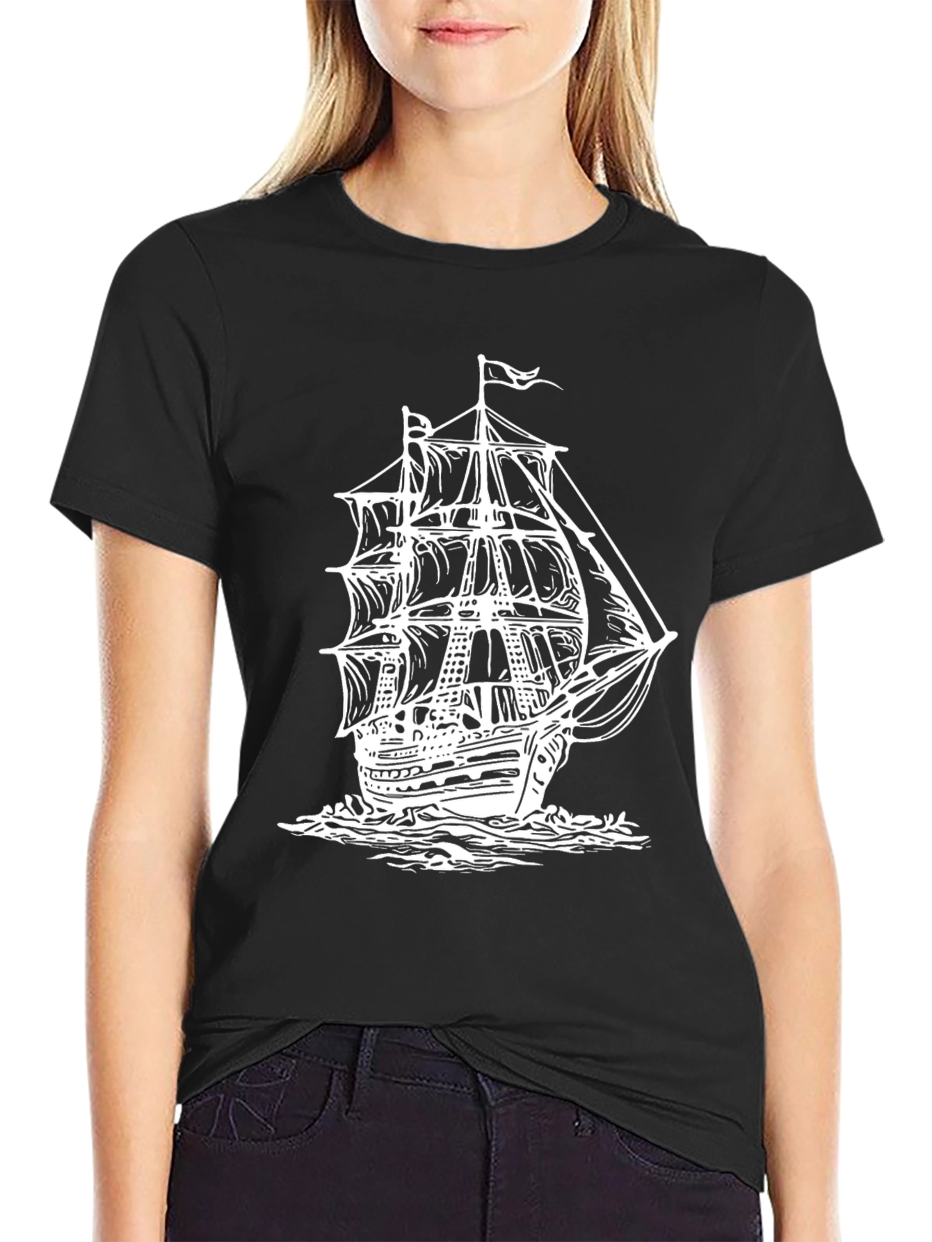 Nautical Ship Graphic Tee - Black Cotton T-Shirt