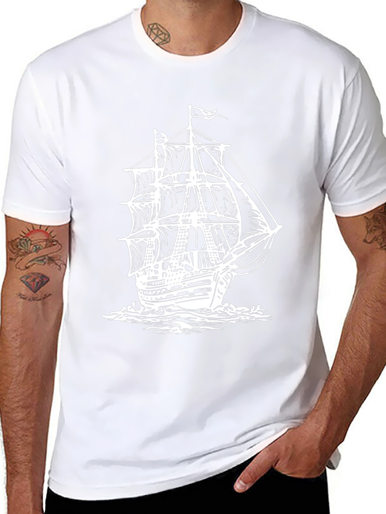 Nautical Ship Graphic Tee - Black Cotton T-Shirt