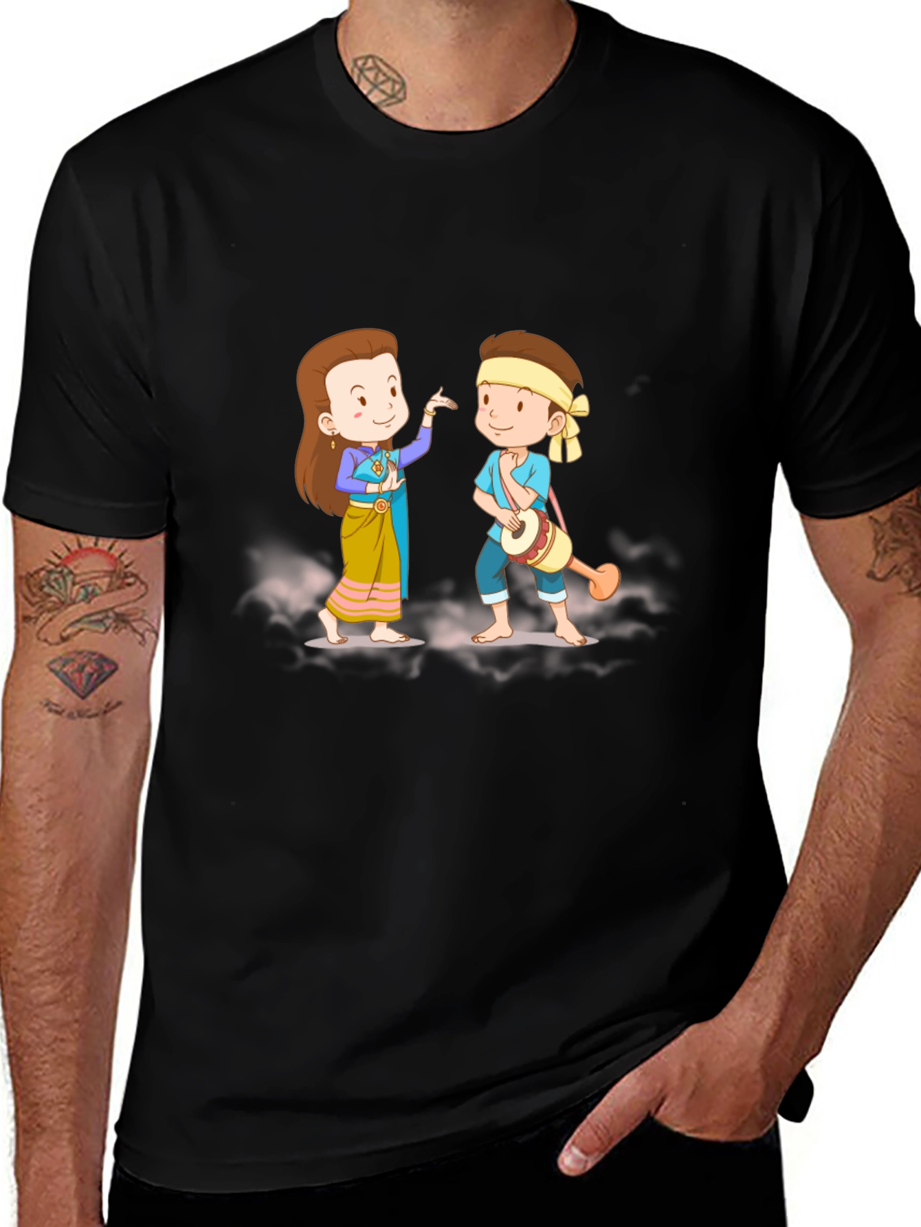 Thai Dance Cartoon Graphic Black T-Shirt