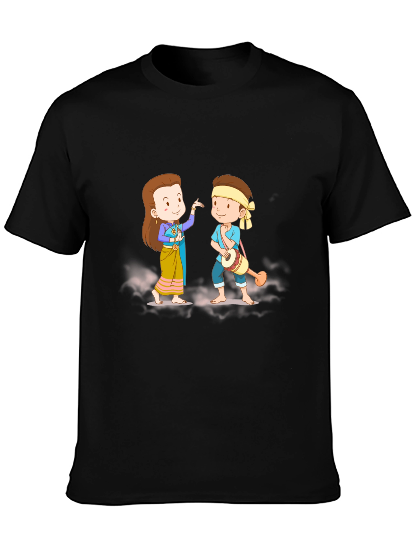 Thai Dance Cartoon Graphic Black T-Shirt